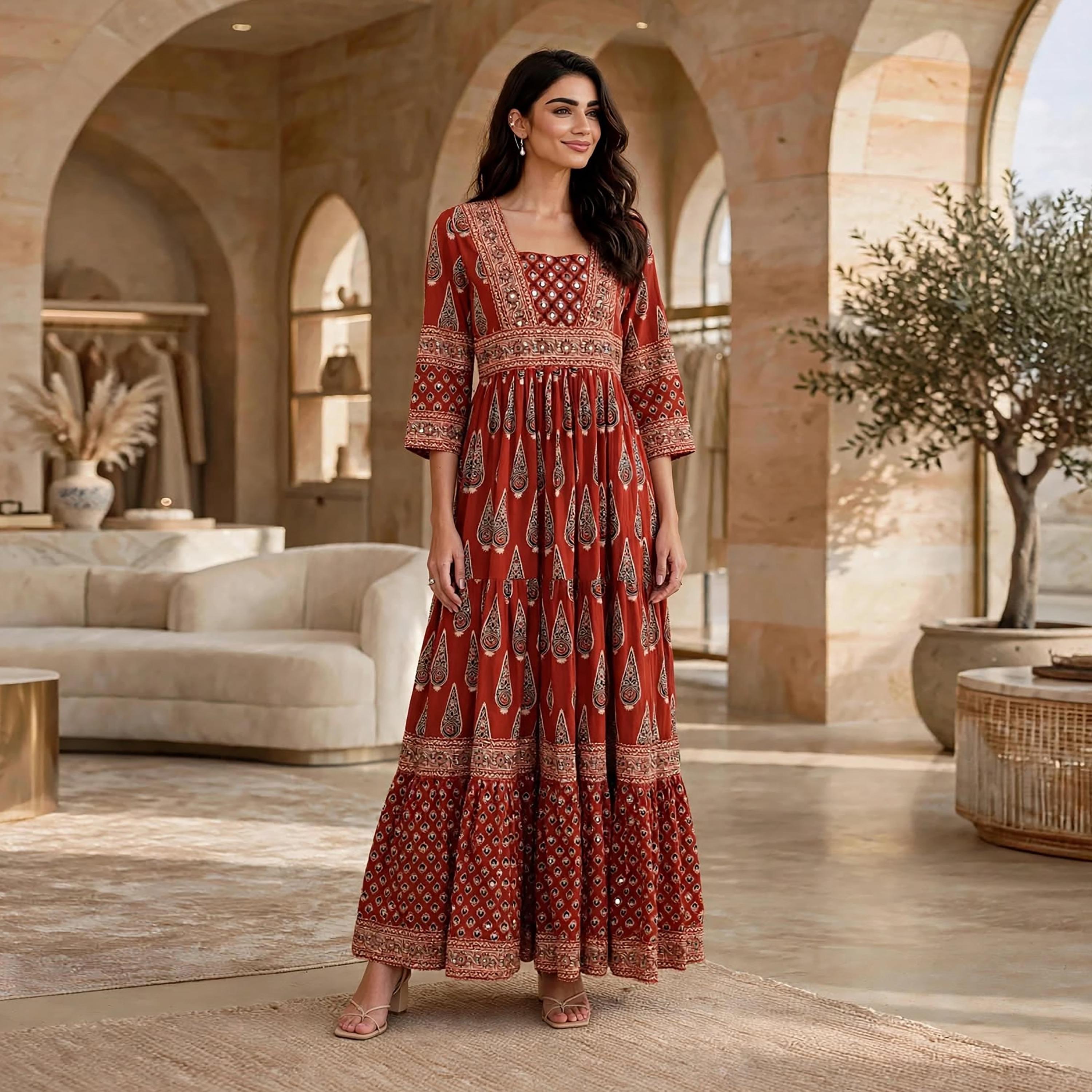 IKKXA Ethnic Motifs Square Neck Women's Tiered Dress-women-clothing-dresses-image-1