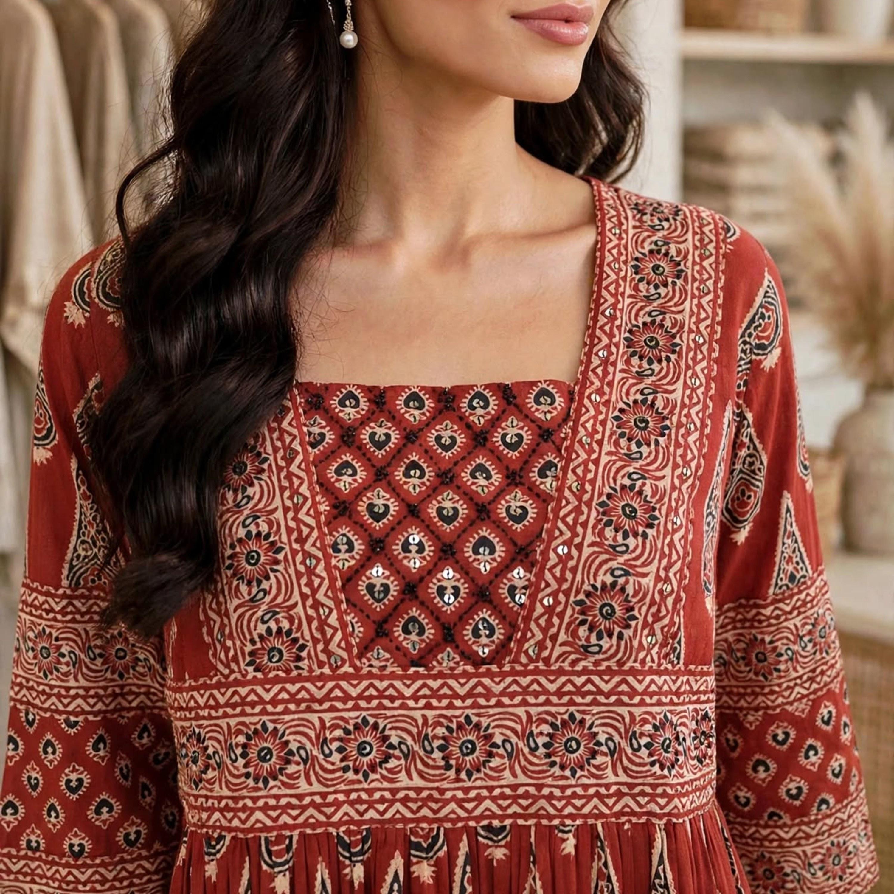 IKKXA Ethnic Motifs Square Neck Women's Tiered Dress-women-clothing-dresses-image-2
