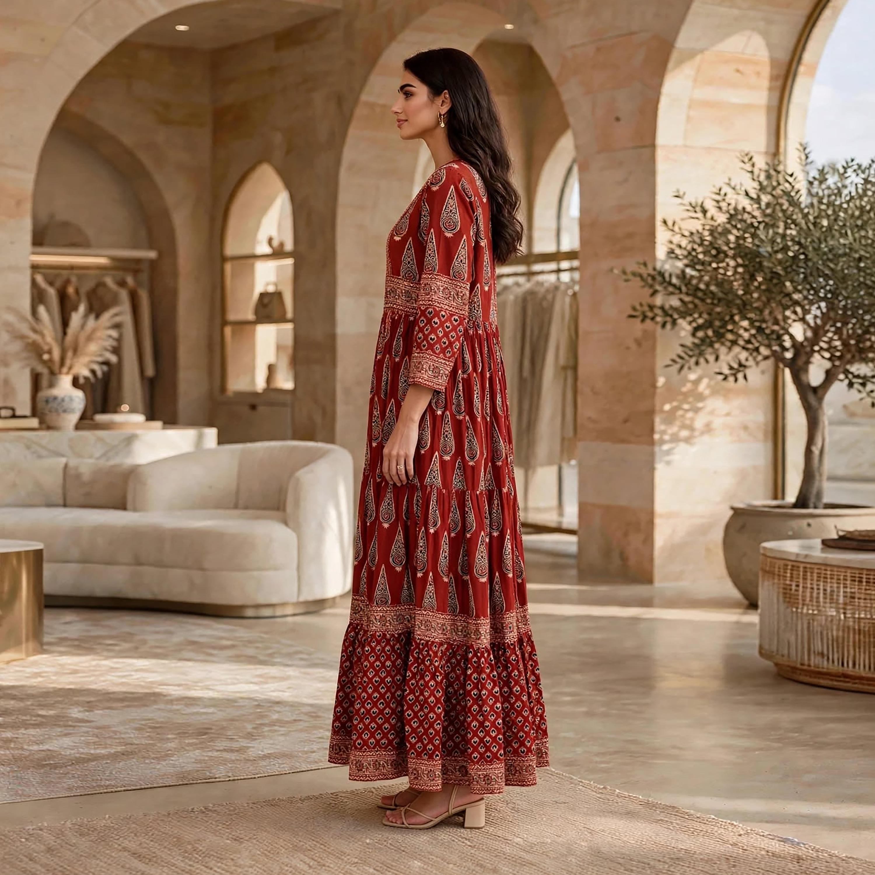 IKKXA Ethnic Motifs Square Neck Women's Tiered Dress-women-clothing-dresses-image-3