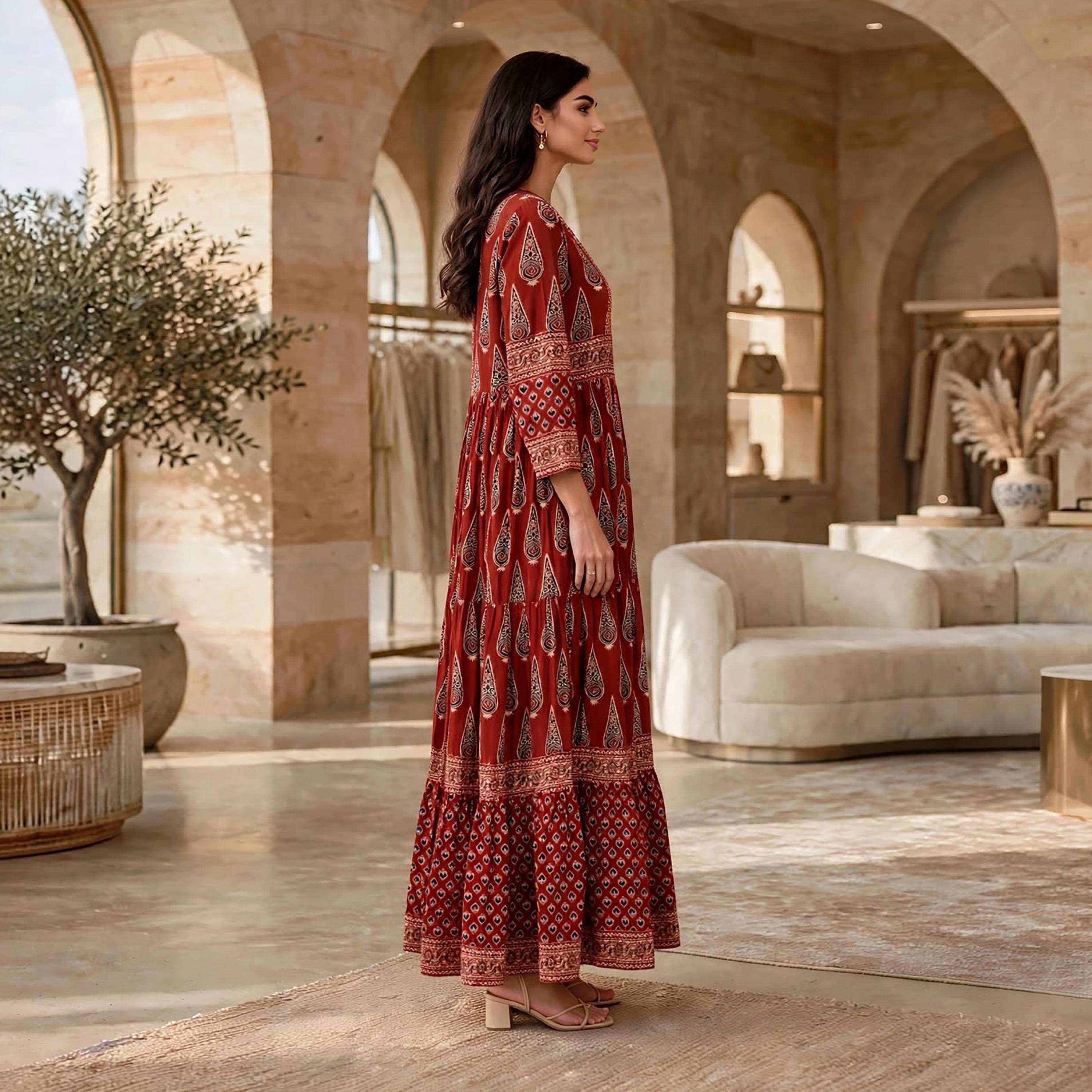 فستان حريمي بطبقات برقبة مربعة ونقوش عرقية من إيكسا-women-clothing-dresses-image-9