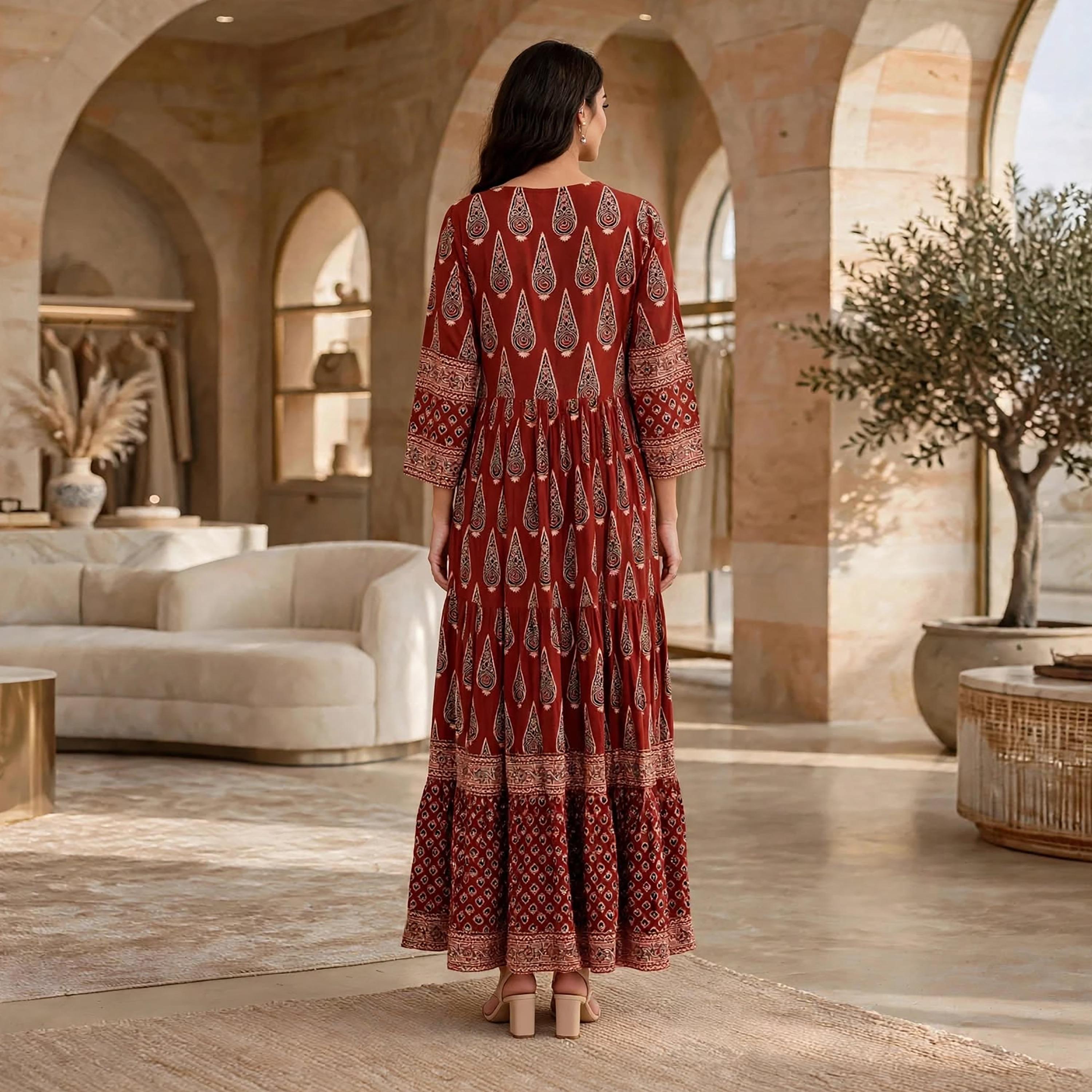 IKKXA Ethnic Motifs Square Neck Women's Tiered Dress-women-clothing-dresses-image-5