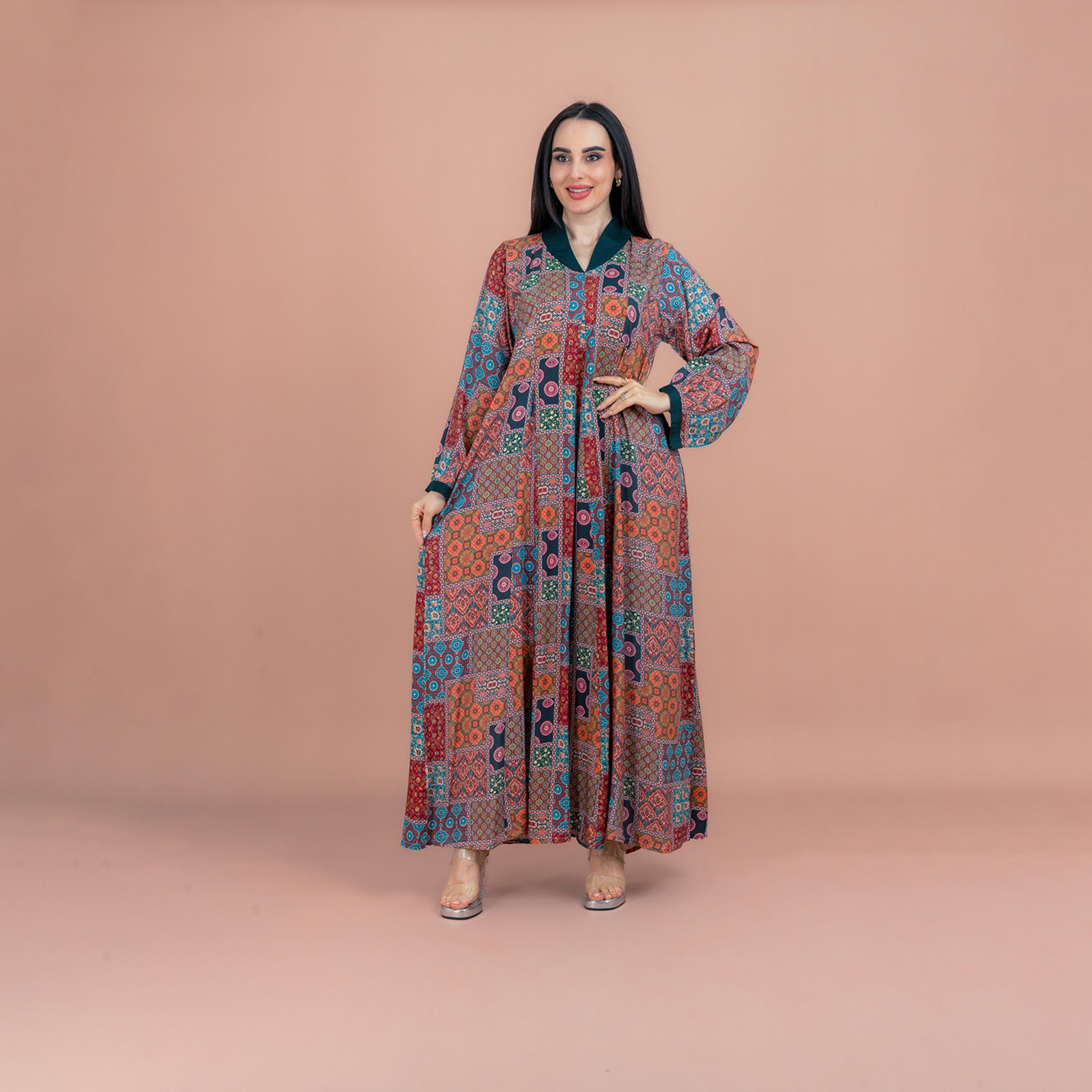 IKKXA Multicolour Contrast Collar and Cuffs All Over Printed Women's Jalabiya-women-arabicclothing-jalabiyas-image-1