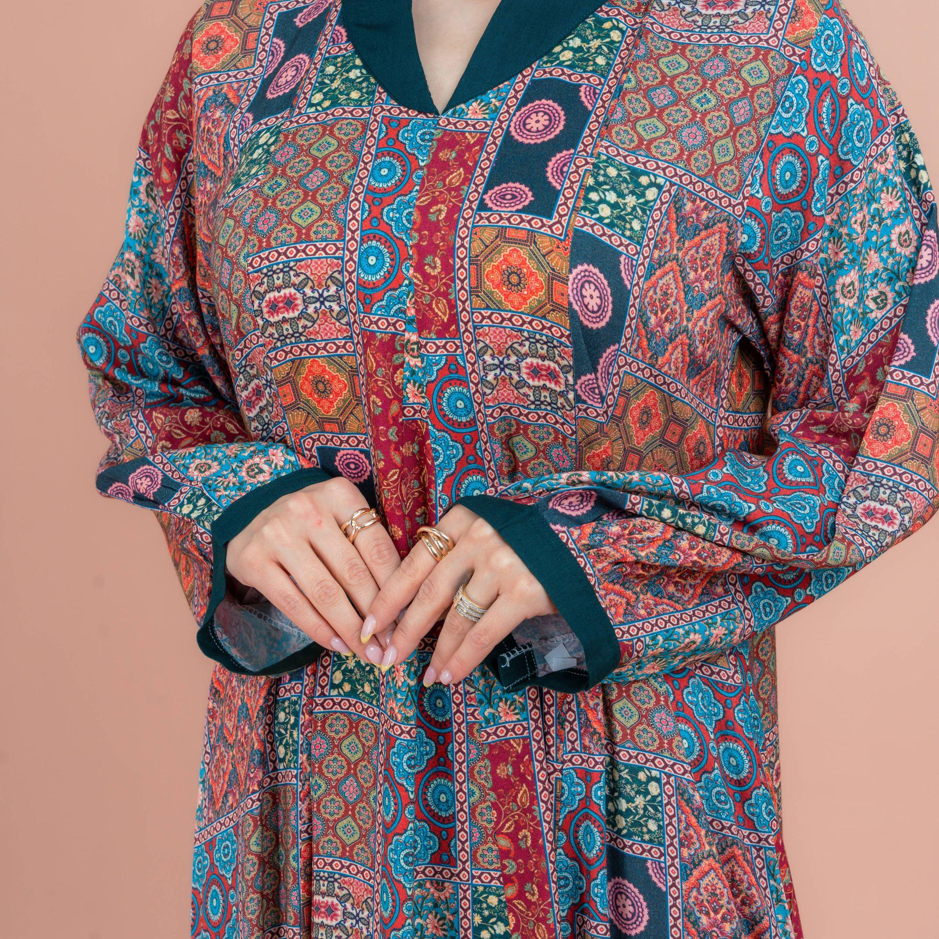 IKKXA Multicolour Contrast Collar and Cuffs All Over Printed Women's Jalabiya-women-arabicclothing-jalabiyas-image-2