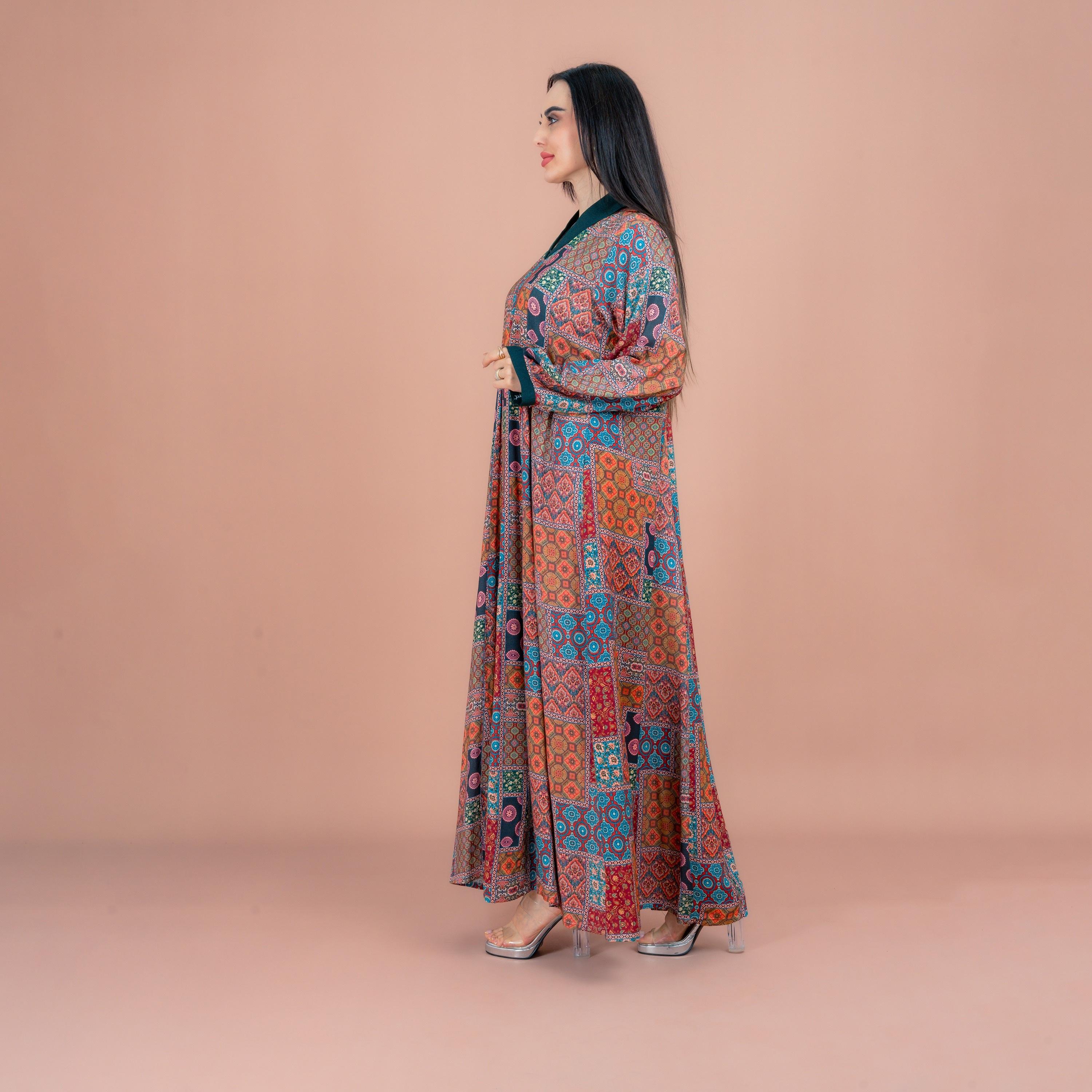 IKKXA Multicolour Contrast Collar and Cuffs All Over Printed Women's Jalabiya-women-arabicclothing-jalabiyas-image-3