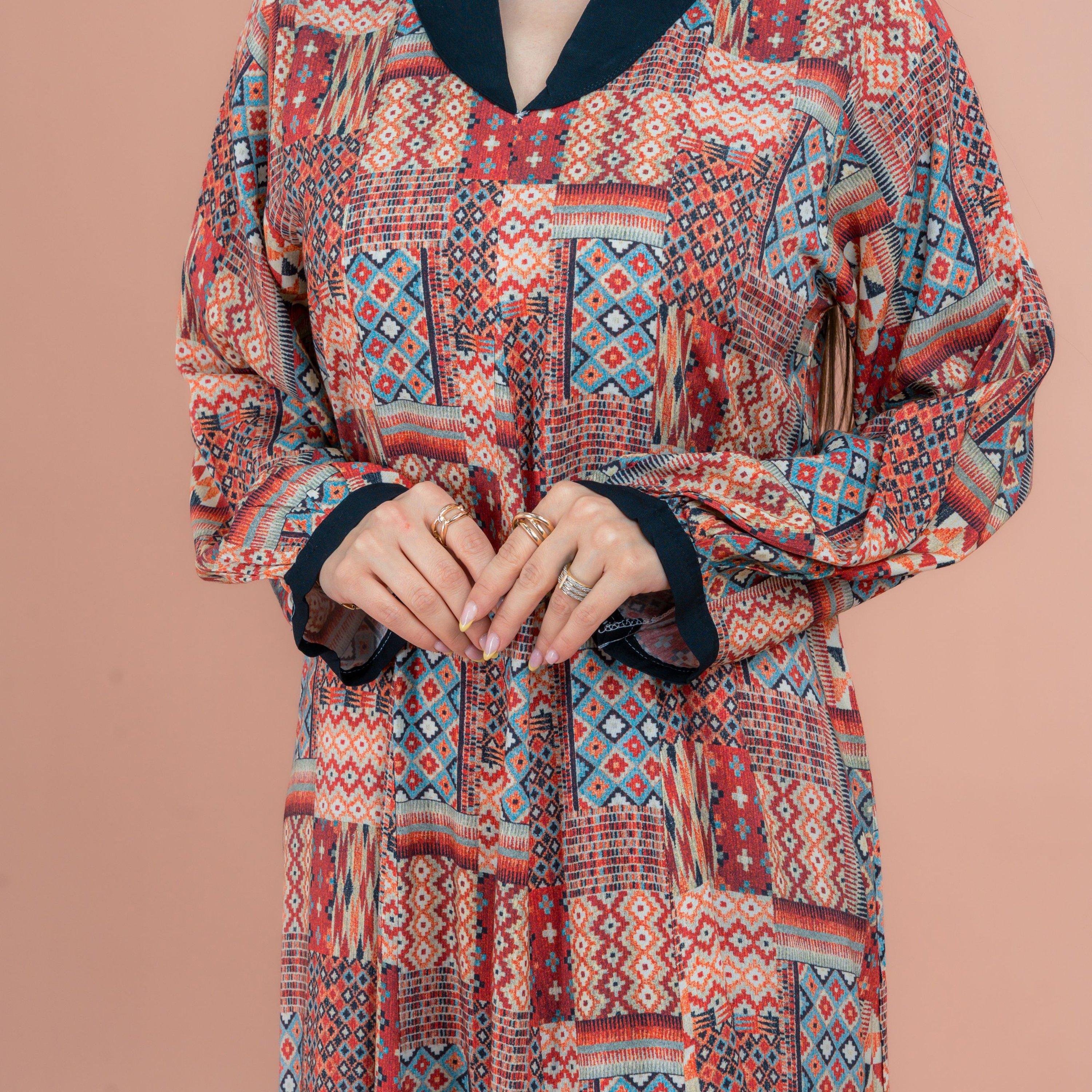 IKKXA Multicolour Contrast Collar and Cuffs All Over Printed Women's Jalabiya-women-arabicclothing-jalabiyas-image-2
