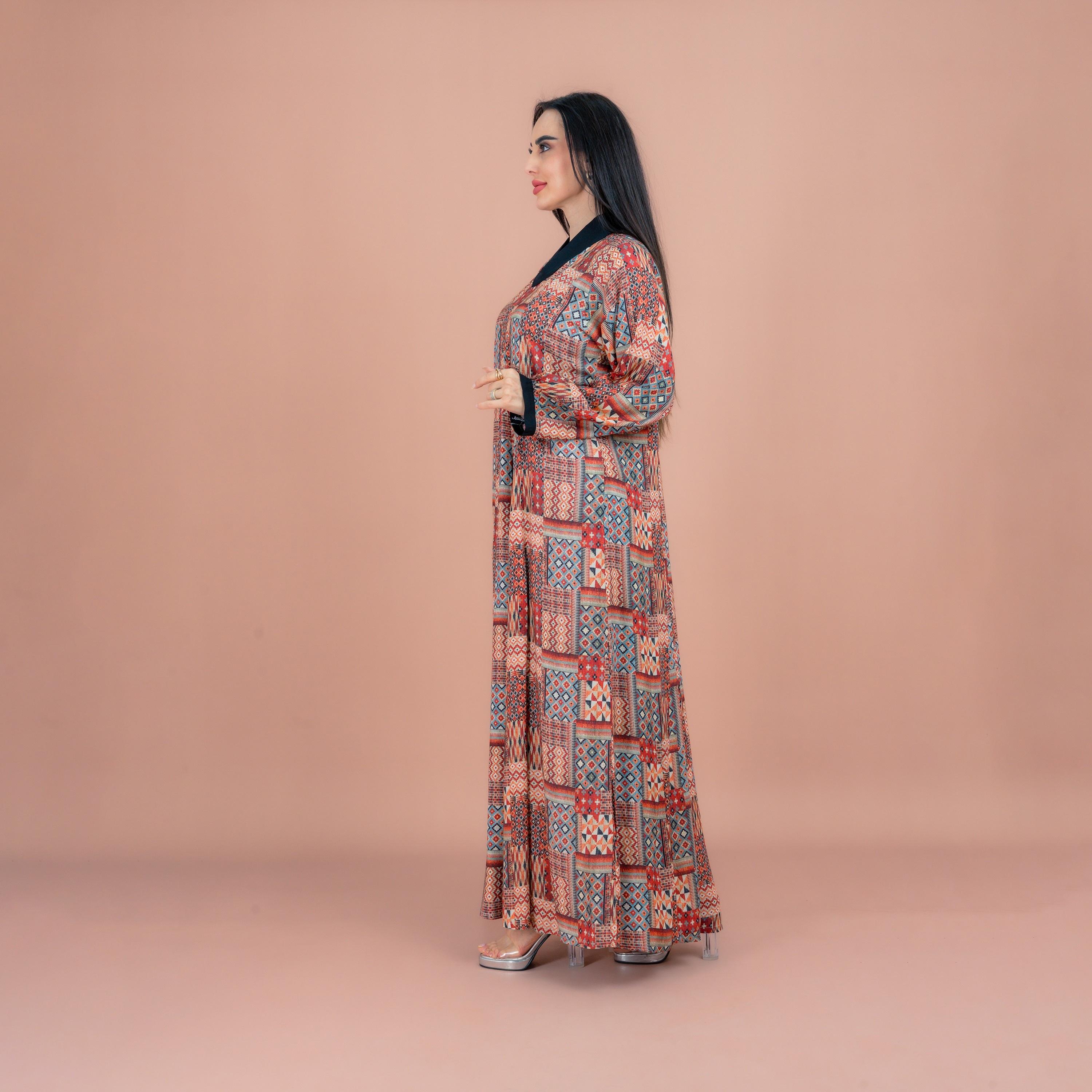 IKKXA Multicolour Contrast Collar and Cuffs All Over Printed Women's Jalabiya-women-arabicclothing-jalabiyas-image-3
