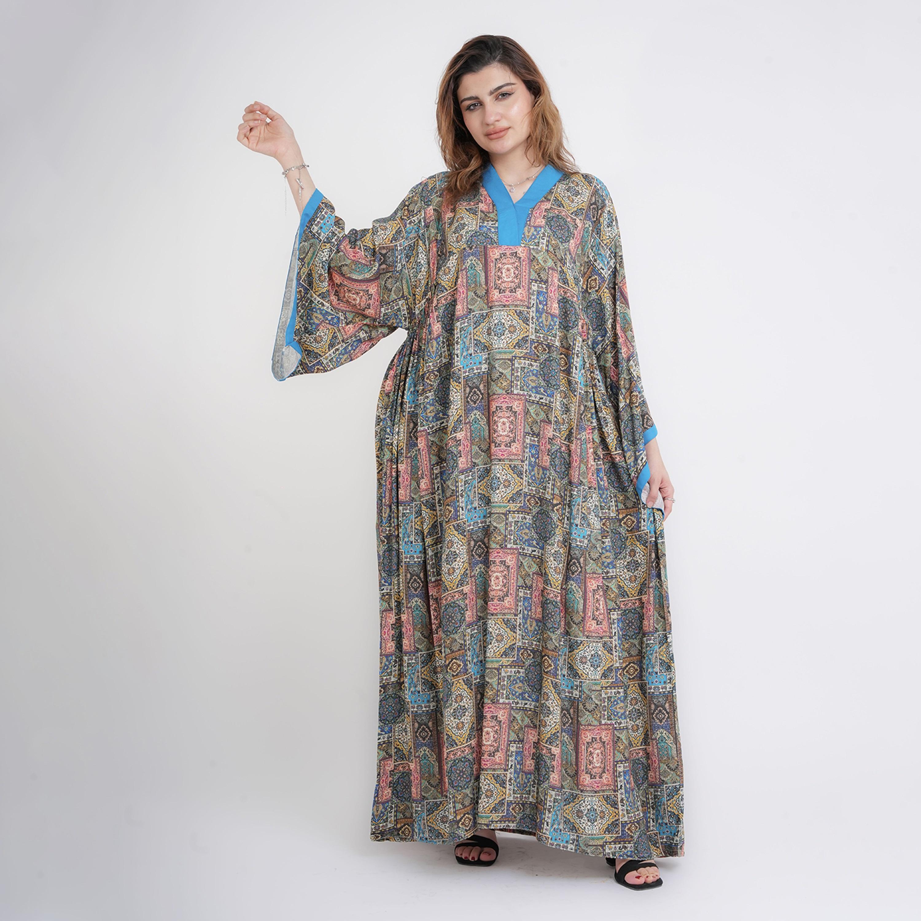 IKKXA Ethnic Geometric Print Kimono Sleeves Women's Kaftan Style Jalabiya-women-arabicclothing-jalabiyas-image-1