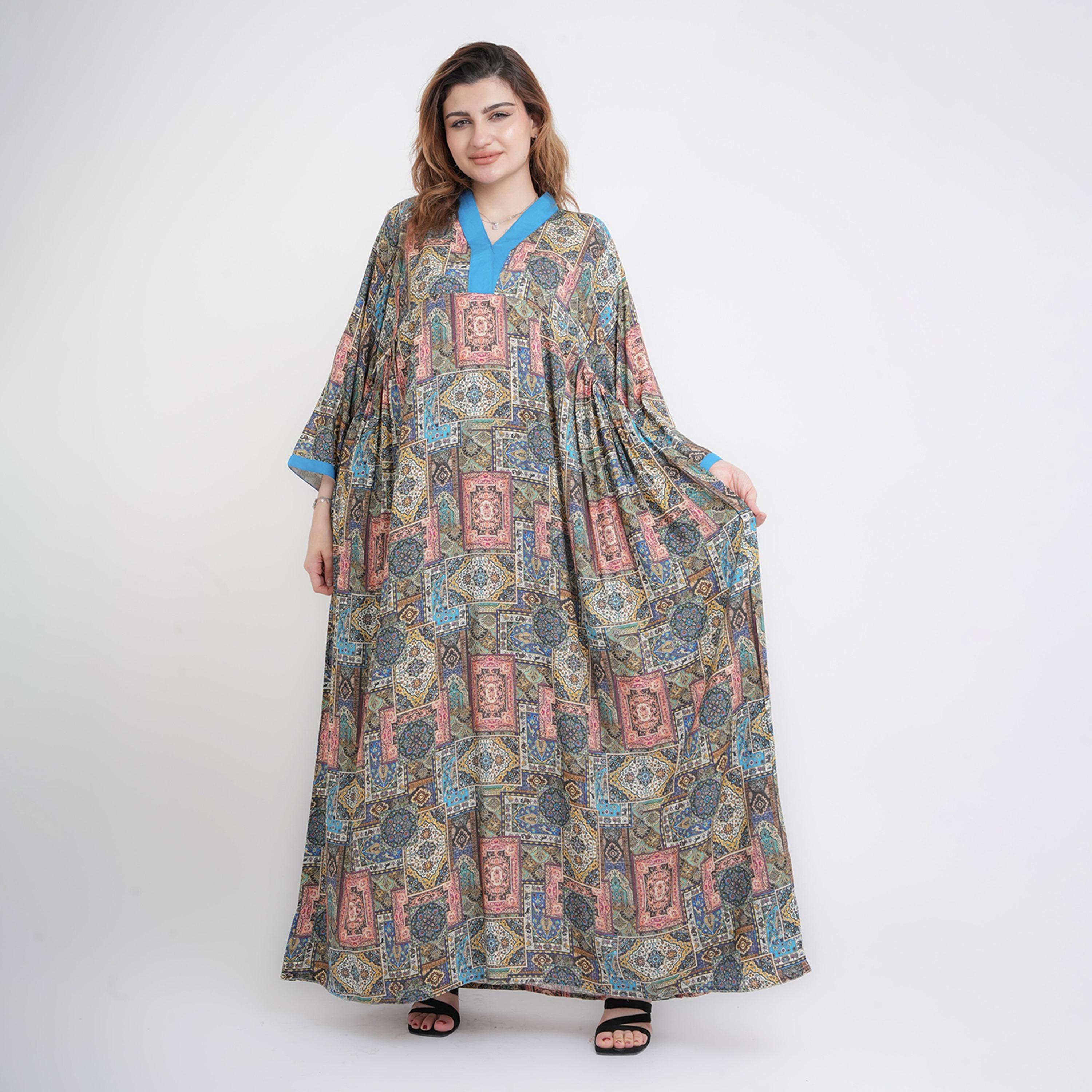 IKKXA Ethnic Geometric Print Kimono Sleeves Women's Kaftan Style Jalabiya-women-arabicclothing-jalabiyas-image-3
