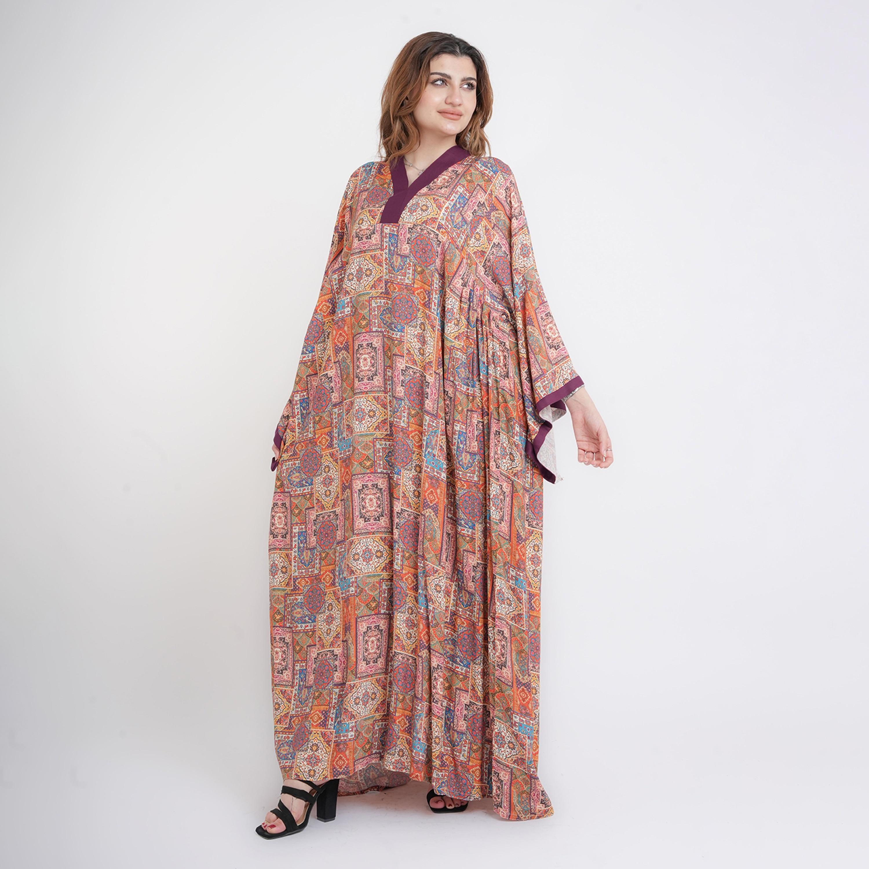 IKKXA Ethnic Geometric Print Kimono Sleeves Women's Kaftan Style Jalabiya-women-arabicclothing-jalabiyas-image-7