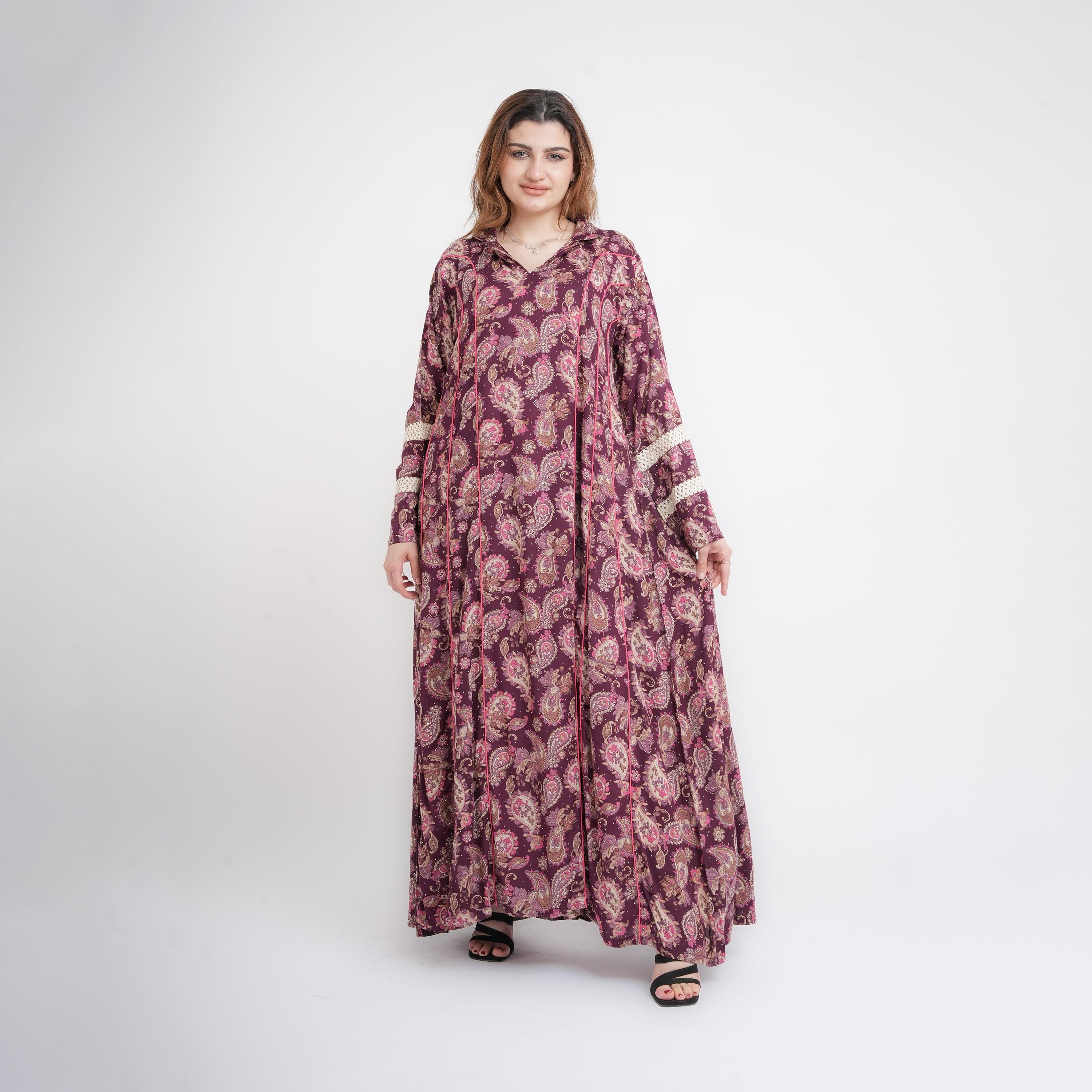 IKKXA All-Over Paisley Print Lace Insert Sleeves Women's Jalabiya-women-arabicclothing-jalabiyas-image-1