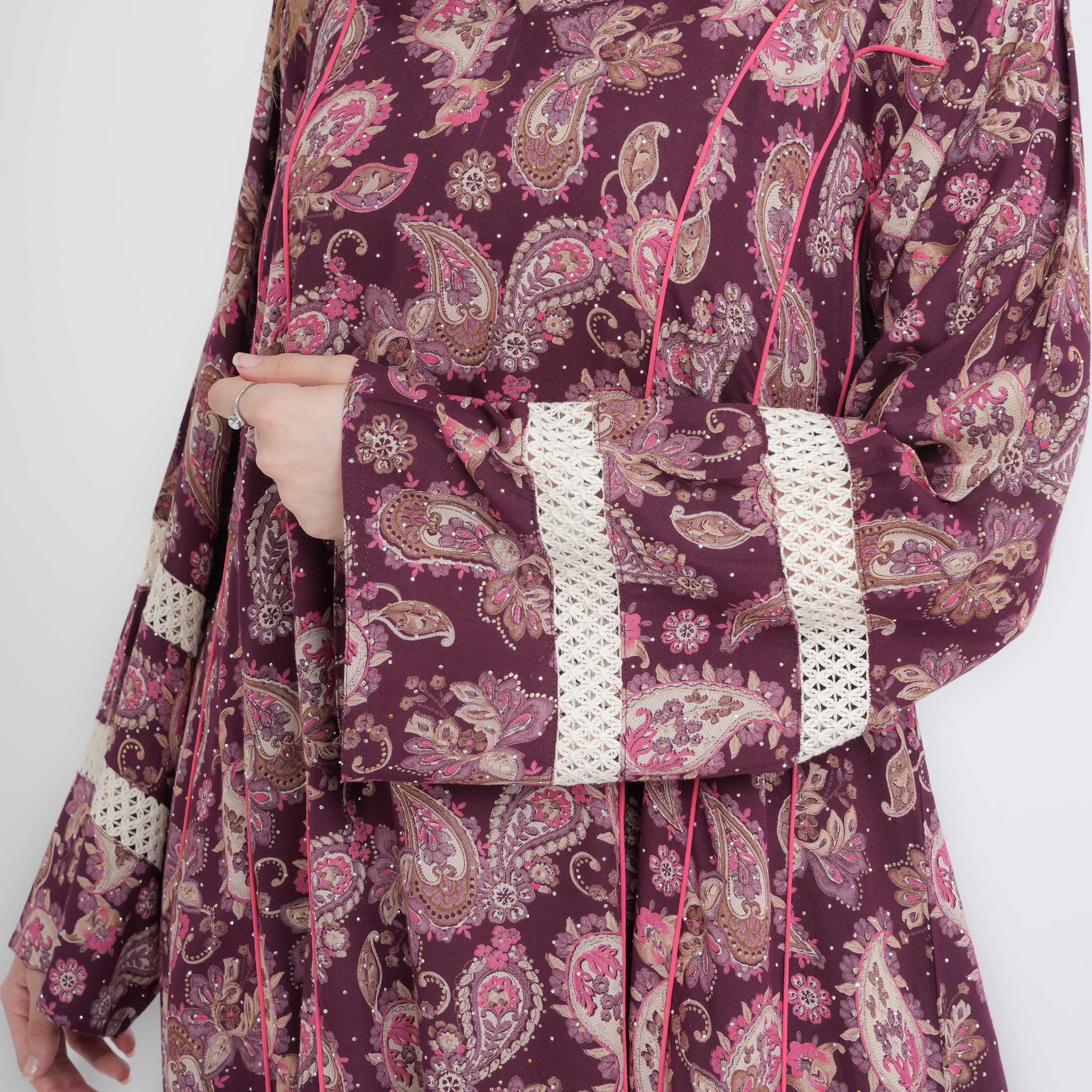 IKKXA All-Over Paisley Print Lace Insert Sleeves Women's Jalabiya-women-arabicclothing-jalabiyas-image-2