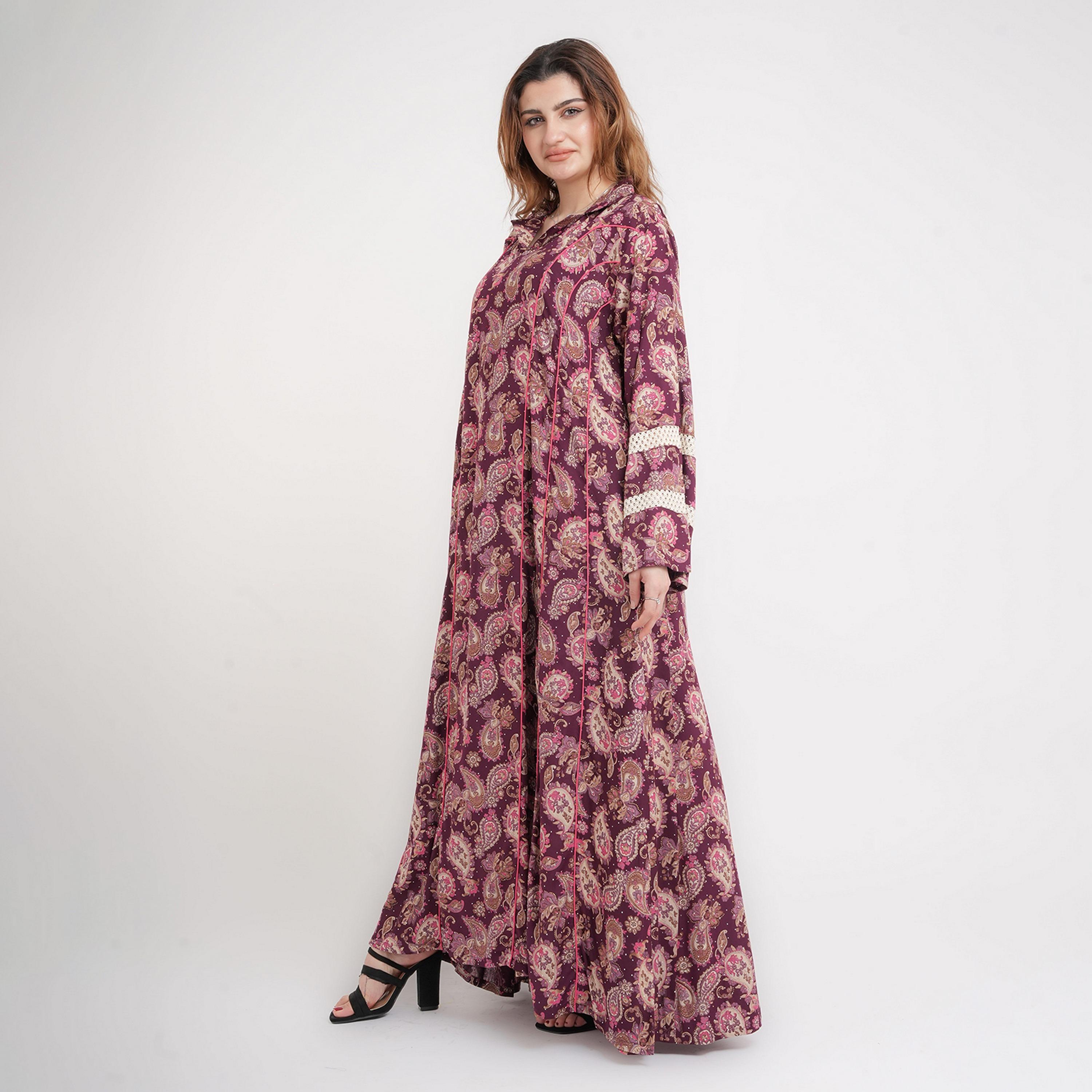 IKKXA All-Over Paisley Print Lace Insert Sleeves Women's Jalabiya-women-arabicclothing-jalabiyas-image-3