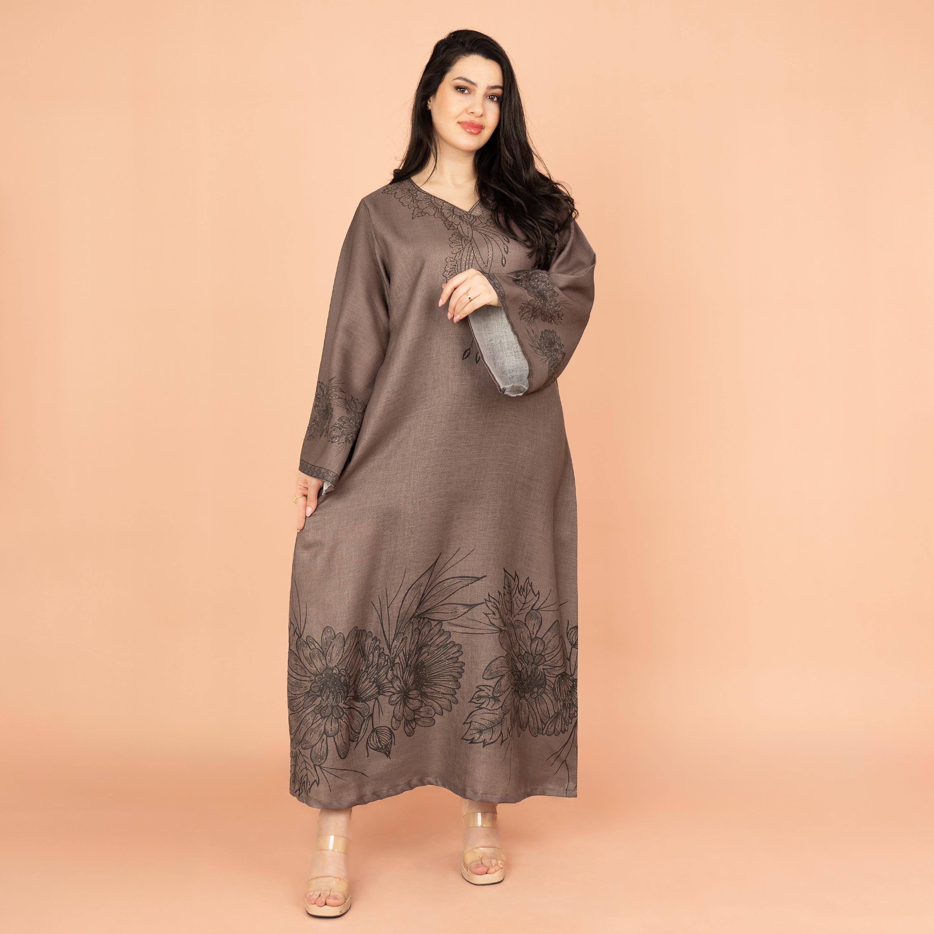 IKKXA Printed and Embellished Floral Touch Flared Sleeves Evening Women's Jalabiya-women-arabicclothing-jalabiyas-image-1