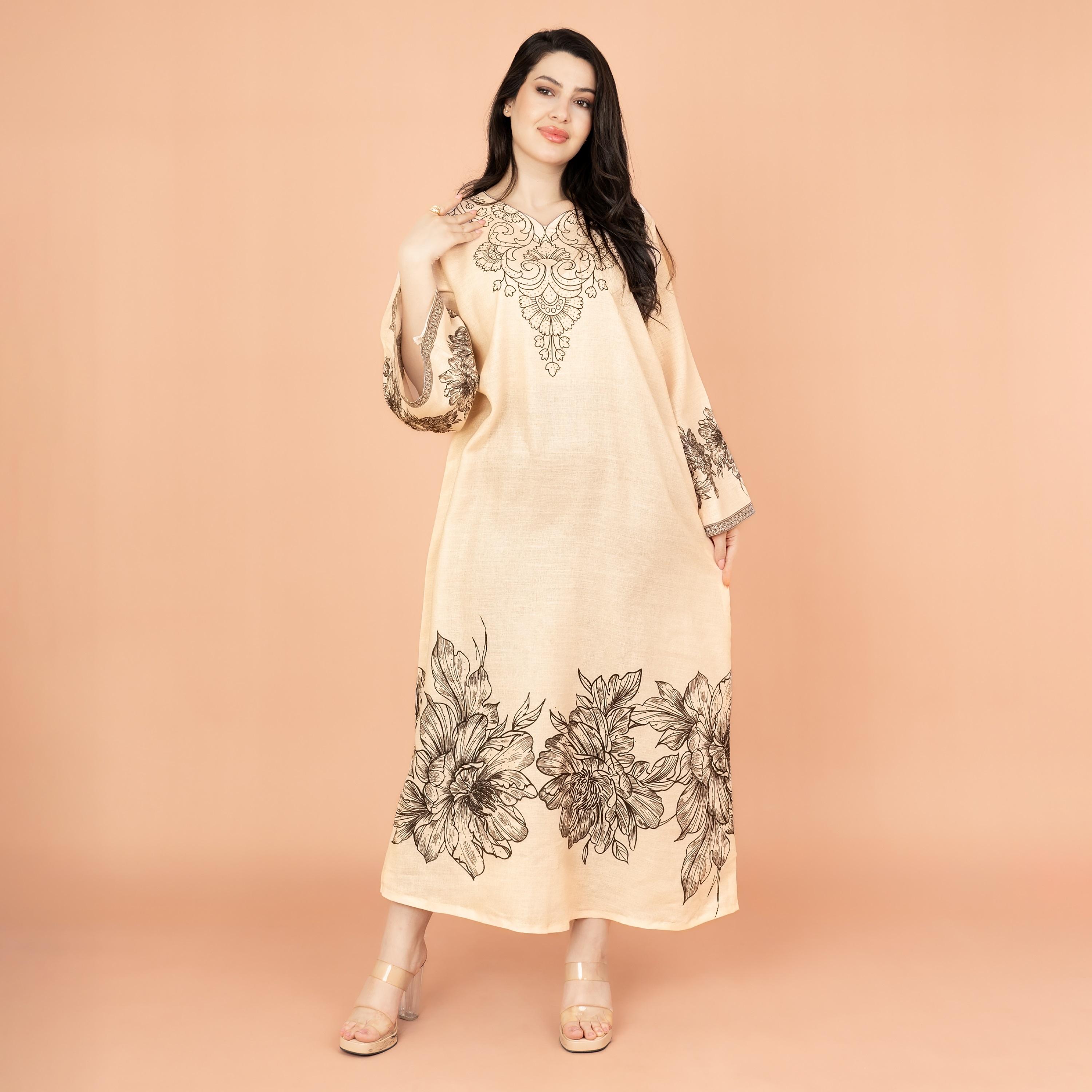 جلابية نسائية مسائية مطبوعة ومزينة بلمسة زهور وأكمام واسعة من إكسا-women-arabicclothing-jalabiyas-image-6