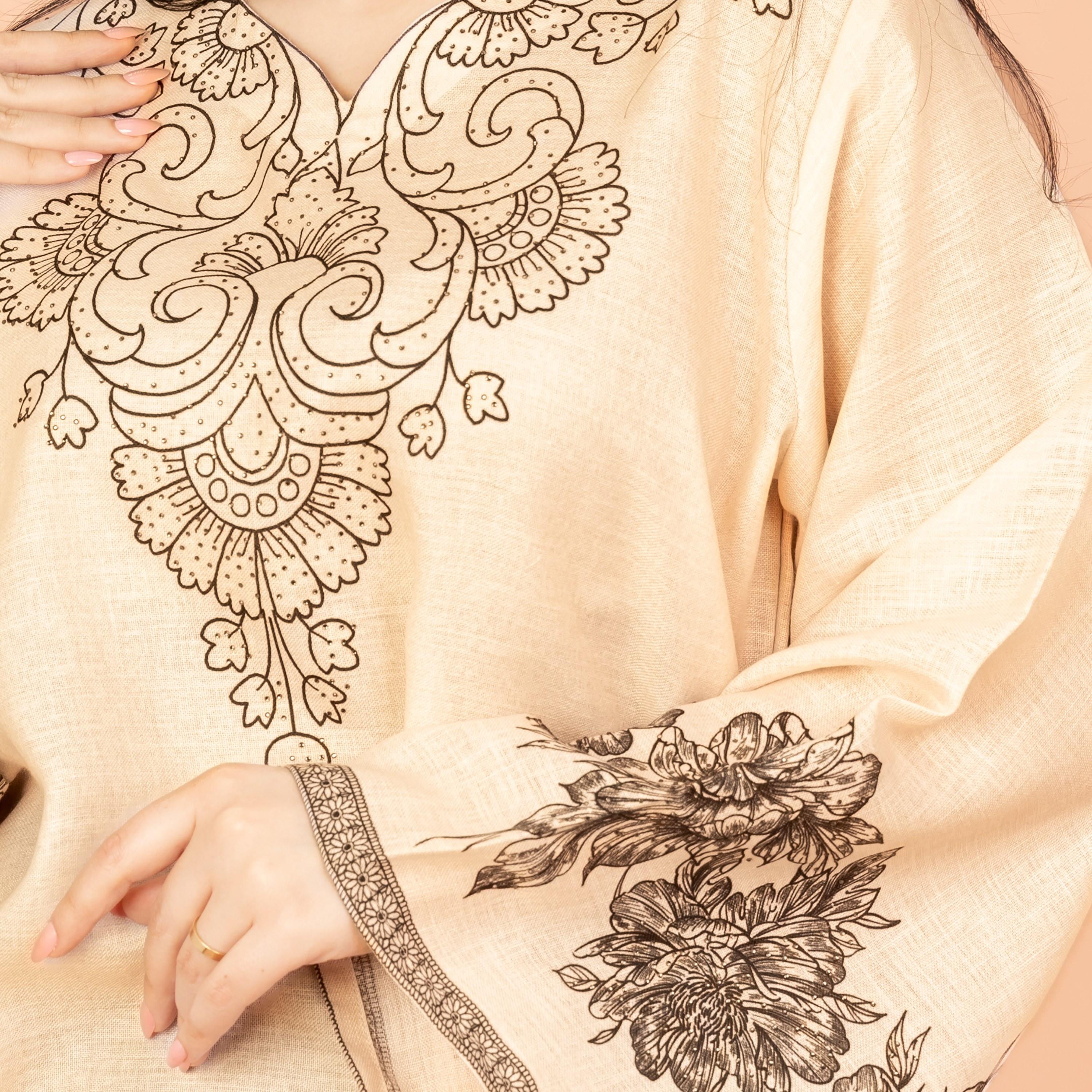 جلابية نسائية مسائية مطبوعة ومزينة بلمسة زهور وأكمام واسعة من إكسا-women-arabicclothing-jalabiyas-image-7