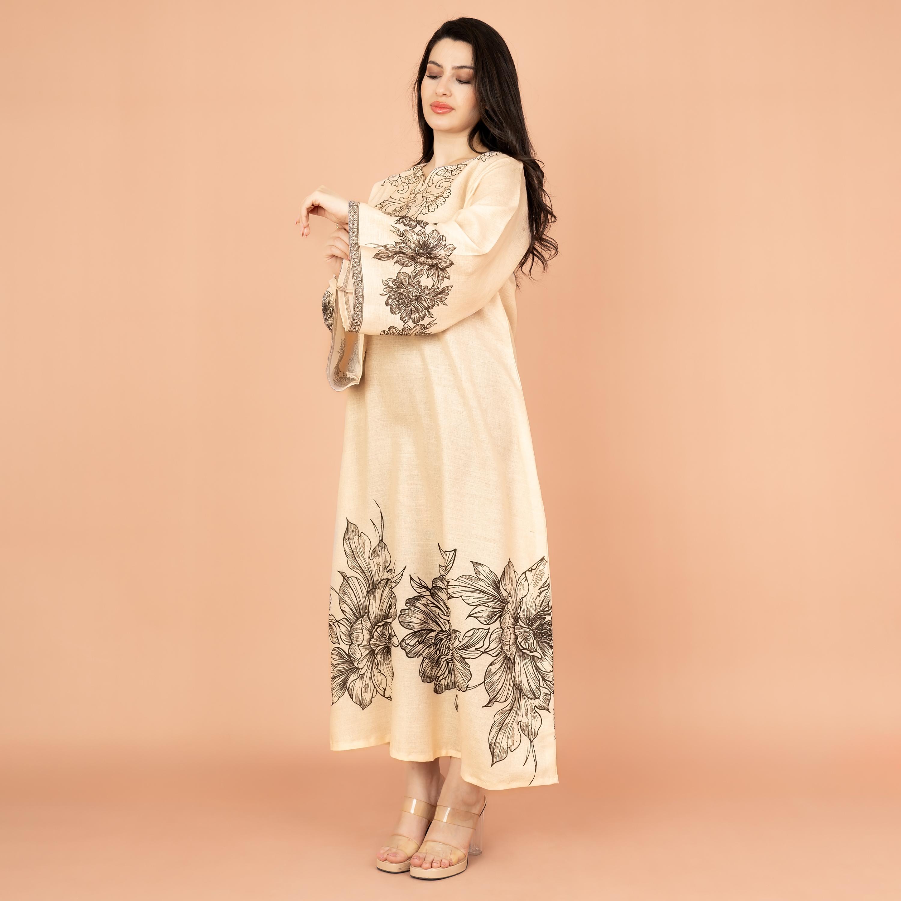 جلابية نسائية مسائية مطبوعة ومزينة بلمسة زهور وأكمام واسعة من إكسا-women-arabicclothing-jalabiyas-image-8