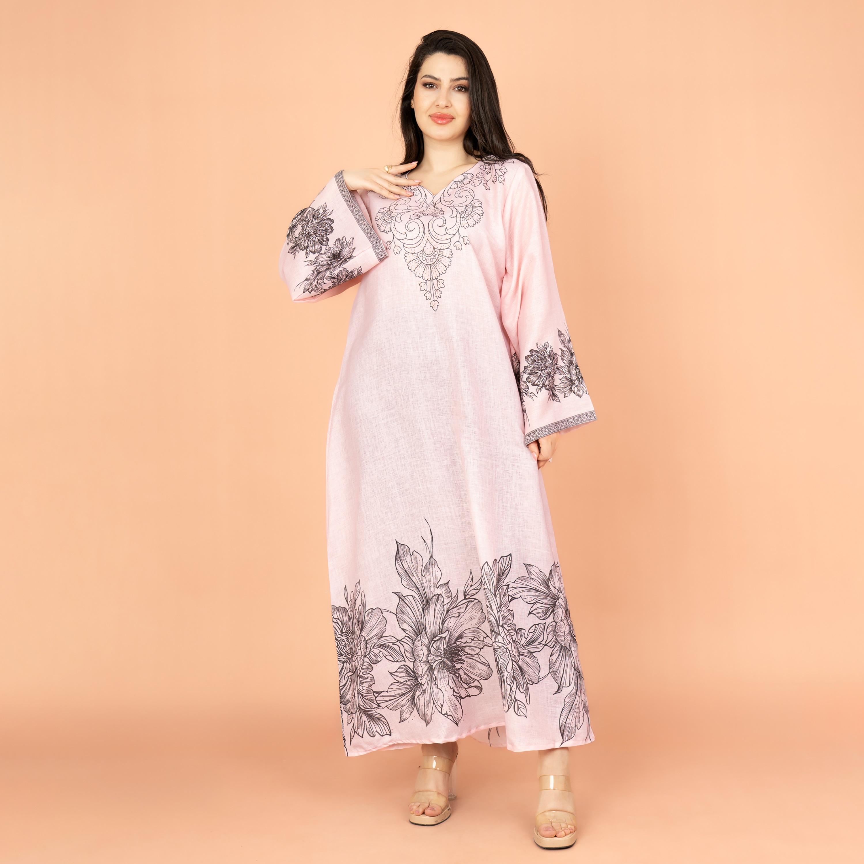 جلابية نسائية مسائية مطبوعة ومزينة بلمسة زهور وأكمام واسعة من إكسا-women-arabicclothing-jalabiyas-image-1