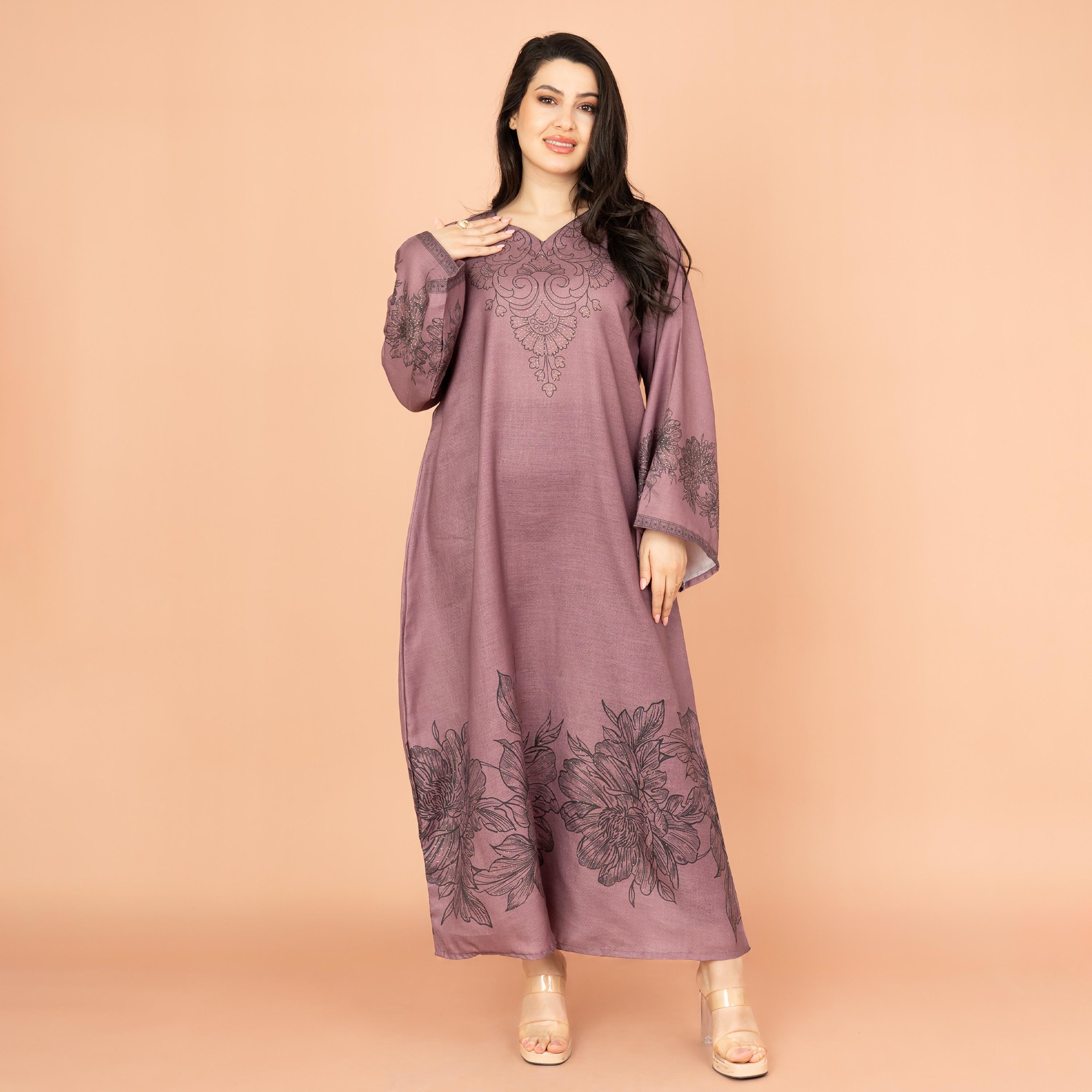 جلابية نسائية مسائية مطبوعة ومزينة بلمسة زهور وأكمام واسعة من إكسا-women-arabicclothing-jalabiyas-image-11