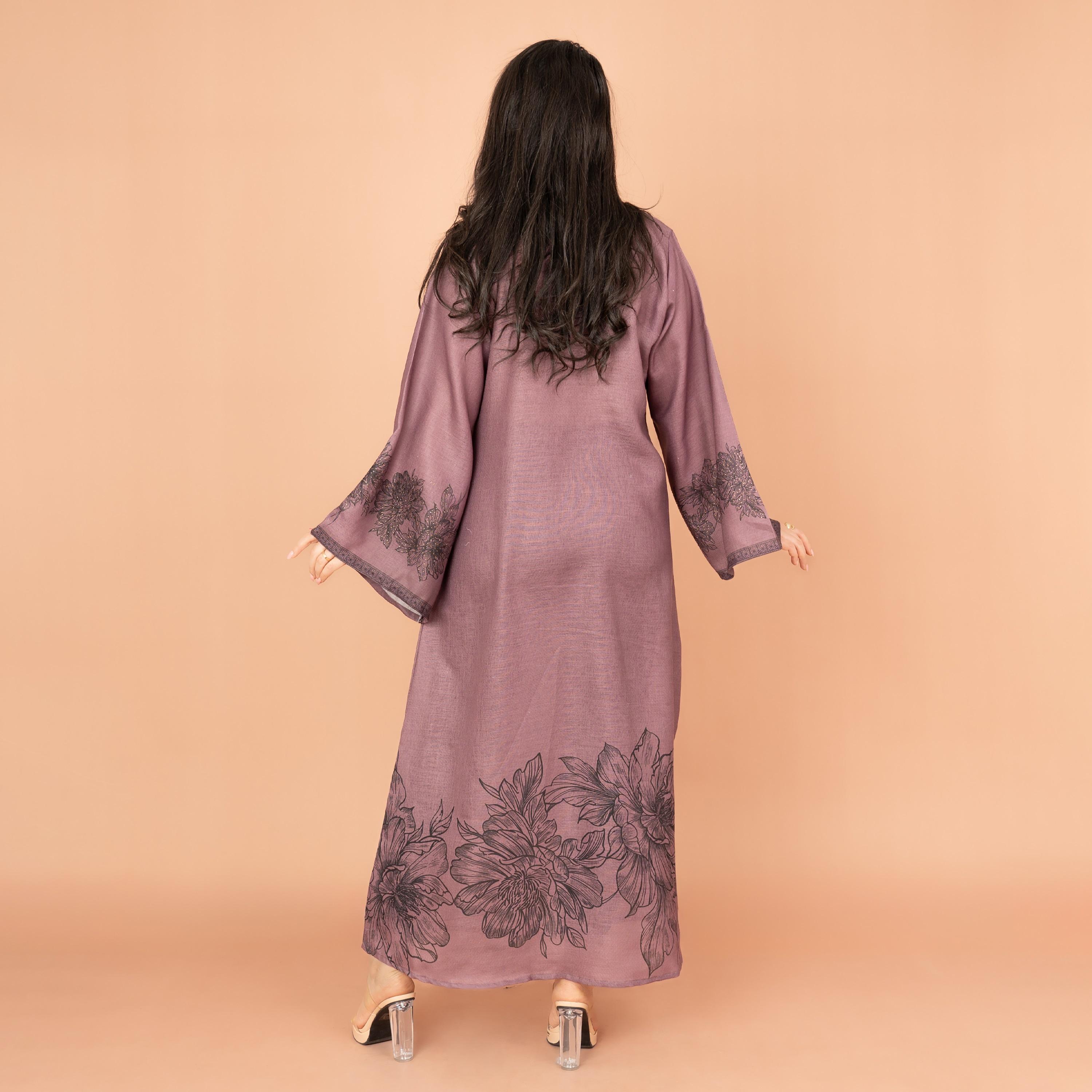 جلابية نسائية مسائية مطبوعة ومزينة بلمسة زهور وأكمام واسعة من إكسا-women-arabicclothing-jalabiyas-image-14