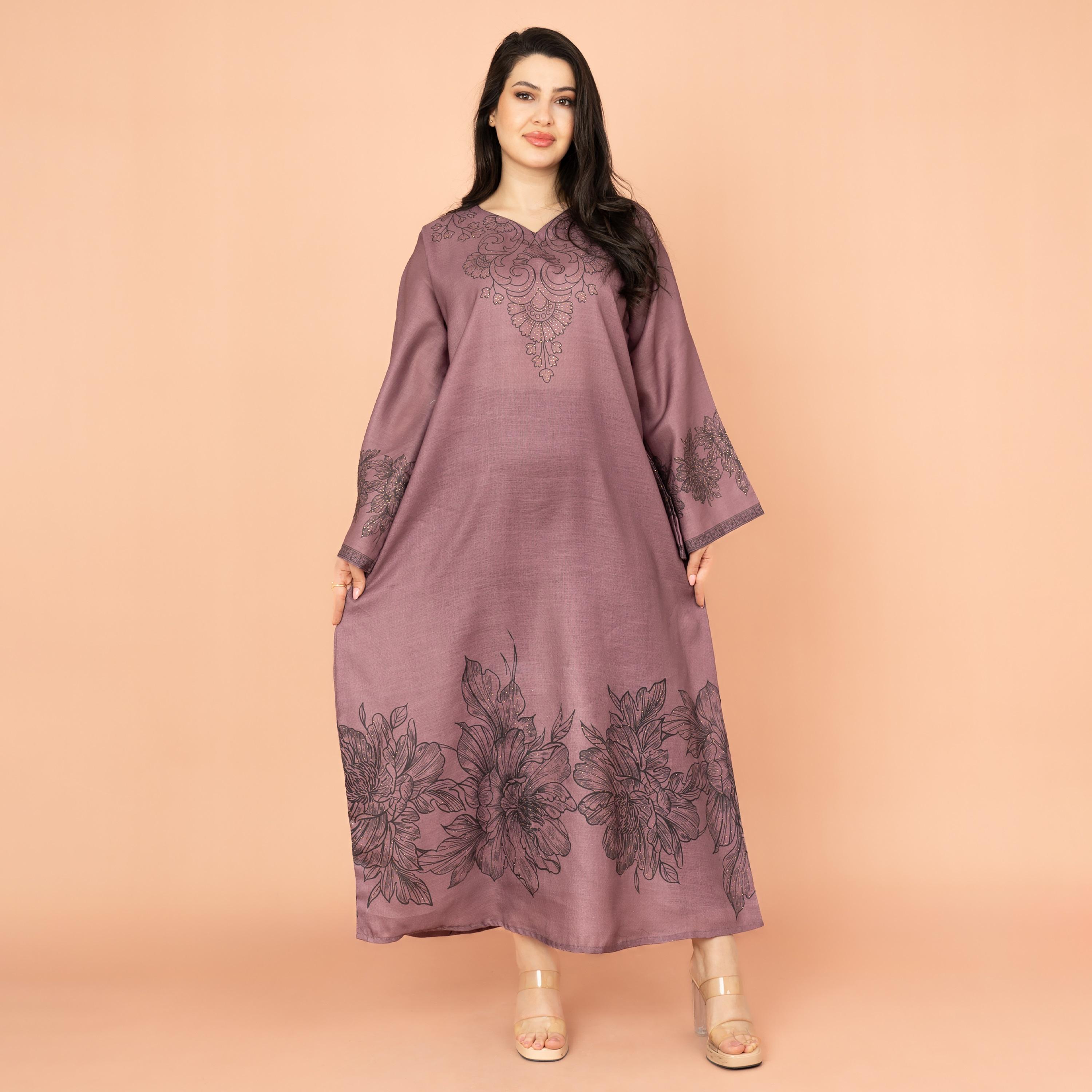 جلابية نسائية مسائية مطبوعة ومزينة بلمسة زهور وأكمام واسعة من إكسا-women-arabicclothing-jalabiyas-image-15