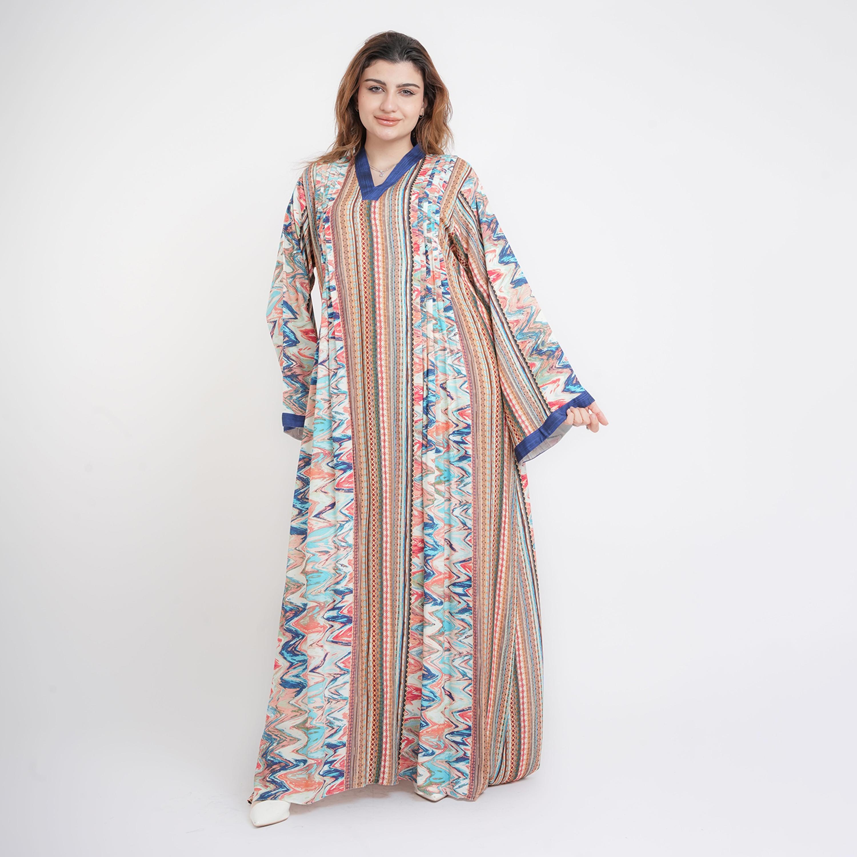 IKKXA Multicolour Pleated & Zip-Zag Print Wide Sleeves Women's Kaftan Style Jalabiya-women-arabicclothing-jalabiyas-image-1