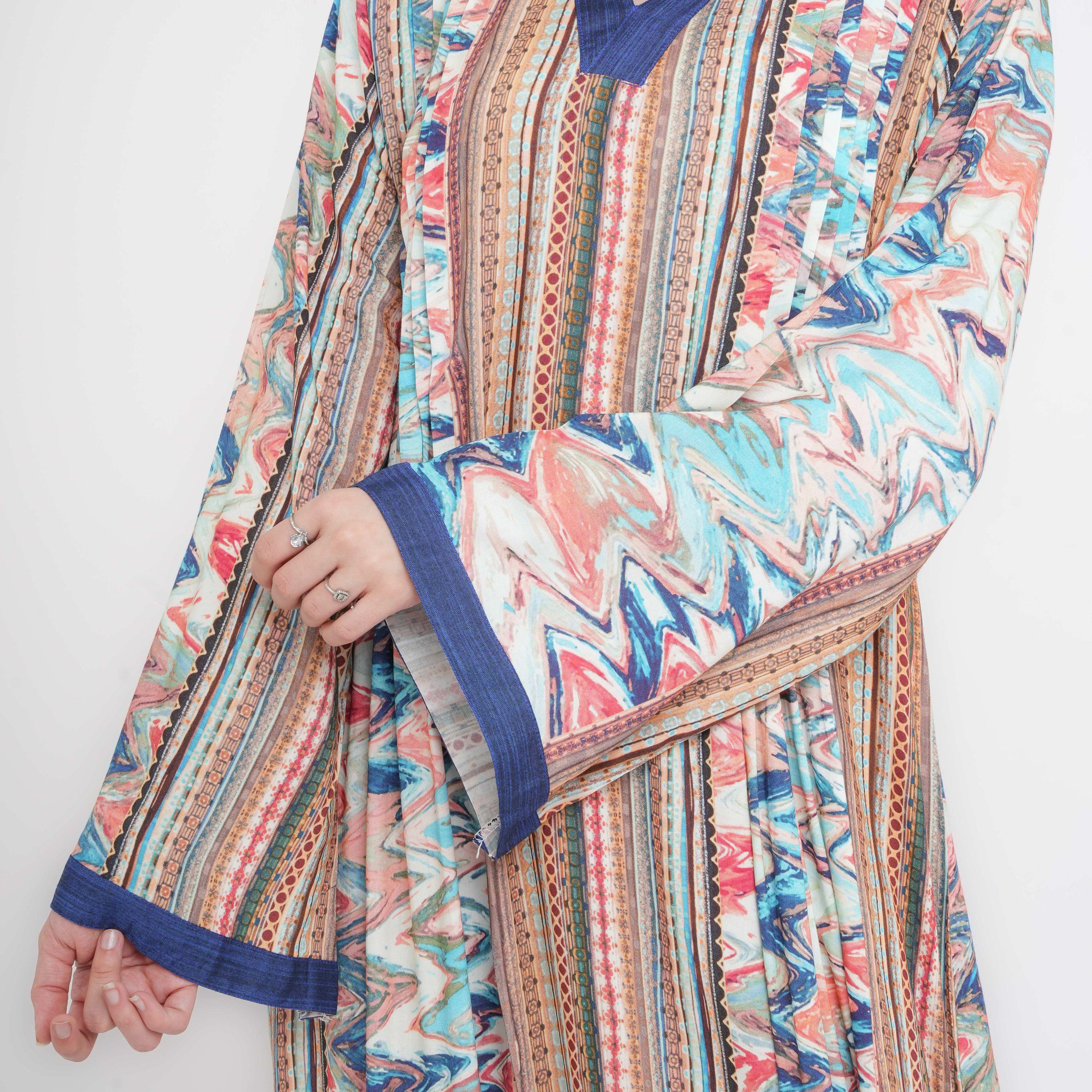 IKKXA Multicolour Pleated & Zip-Zag Print Wide Sleeves Women's Kaftan Style Jalabiya-women-arabicclothing-jalabiyas-image-2