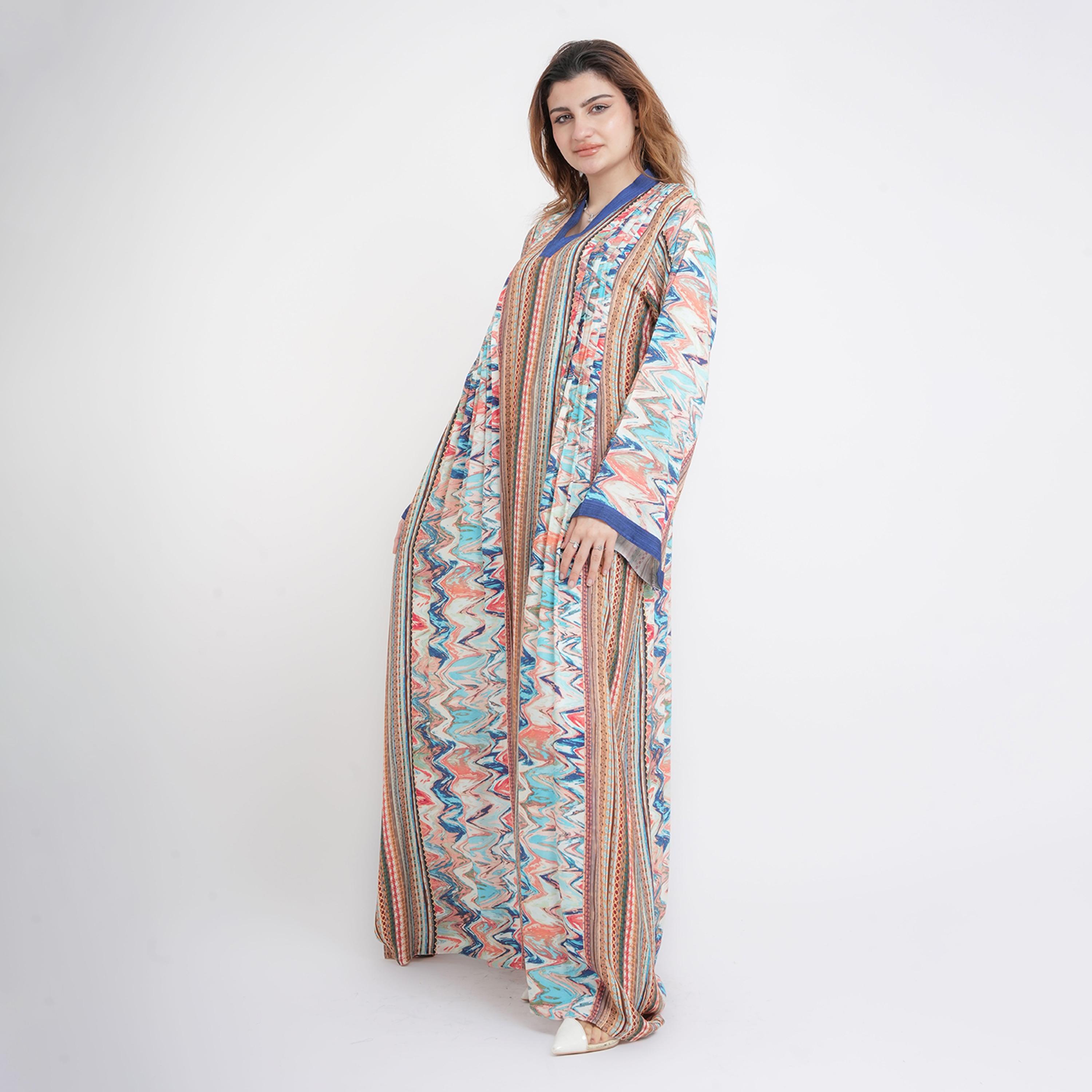 IKKXA Multicolour Pleated & Zip-Zag Print Wide Sleeves Women's Kaftan Style Jalabiya-women-arabicclothing-jalabiyas-image-3