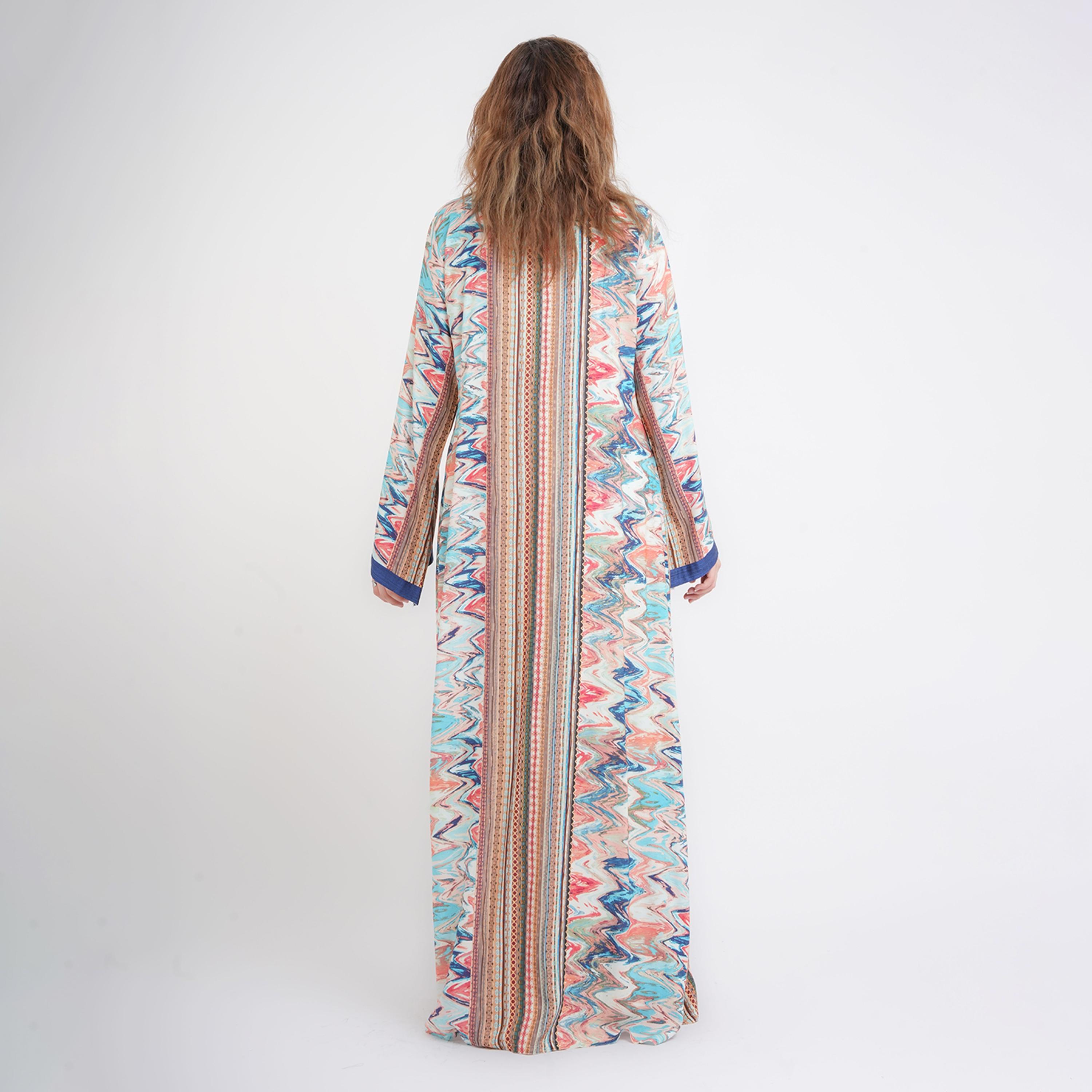 IKKXA Multicolour Pleated & Zip-Zag Print Wide Sleeves Women's Kaftan Style Jalabiya-women-arabicclothing-jalabiyas-image-4