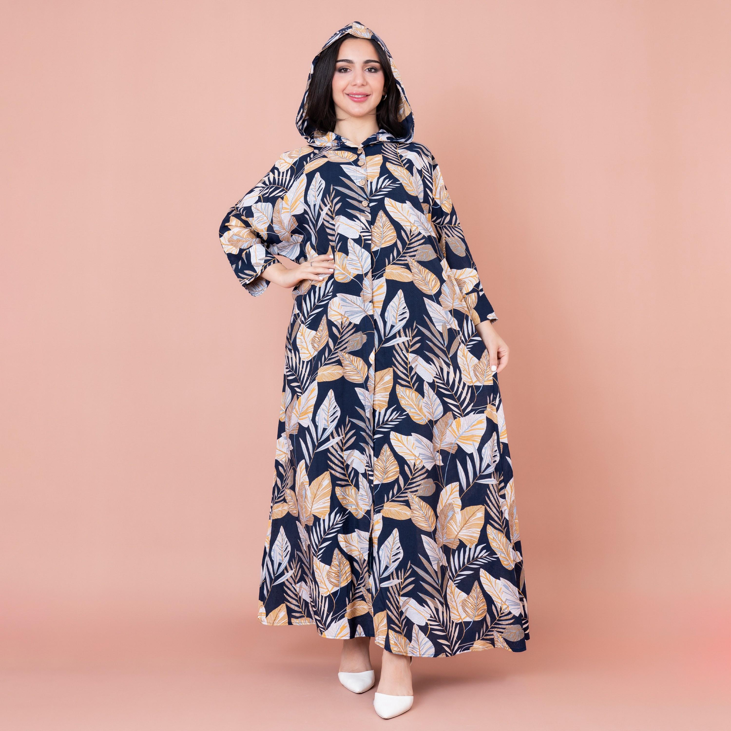IKKXA Leaf Print Hooded Jalabiya-women-arabicclothing-jalabiyas-image-1