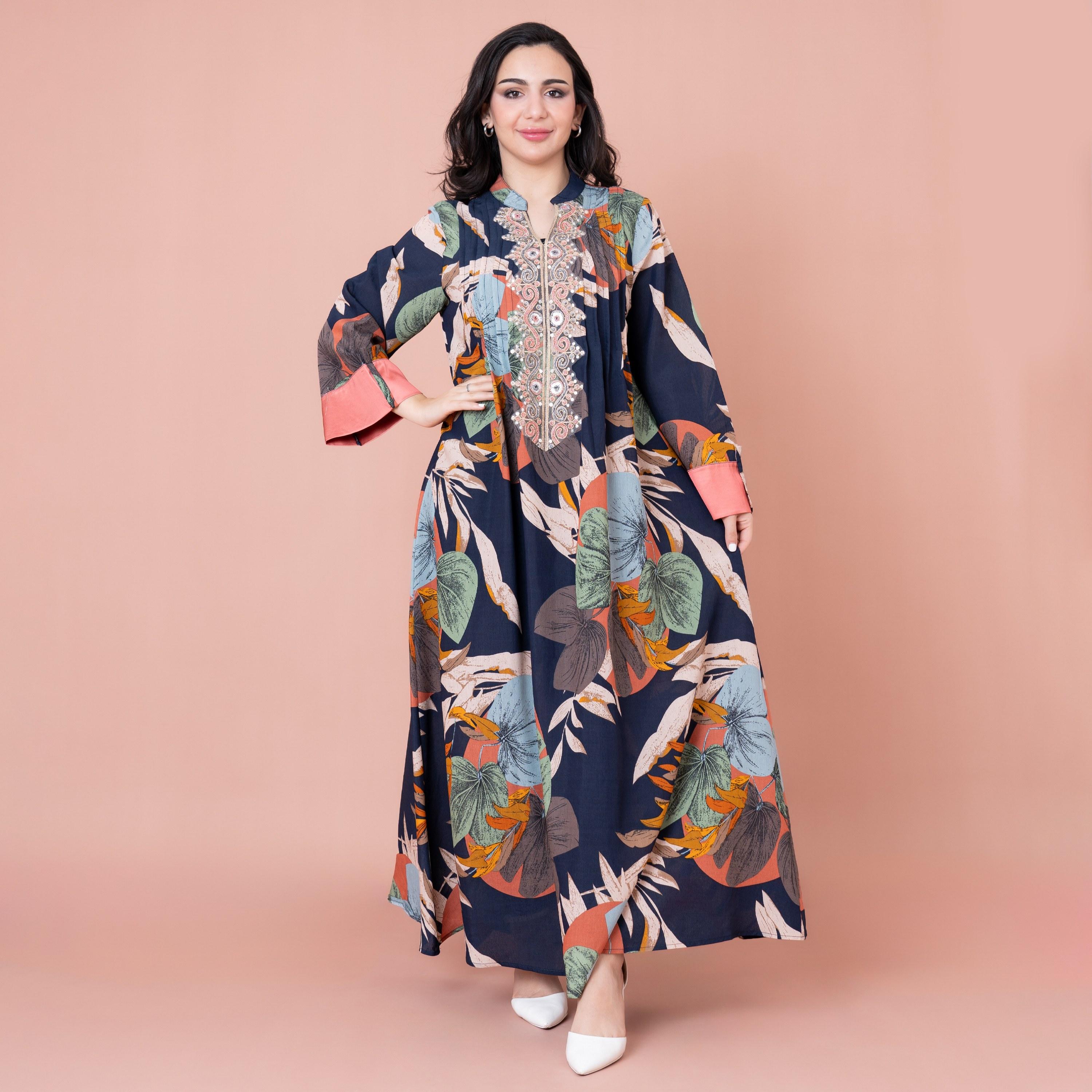 IKKXA Mandarin Collar Leaf Print Beaded and Pleated Jalabiya-women-arabicclothing-jalabiyas-image-1