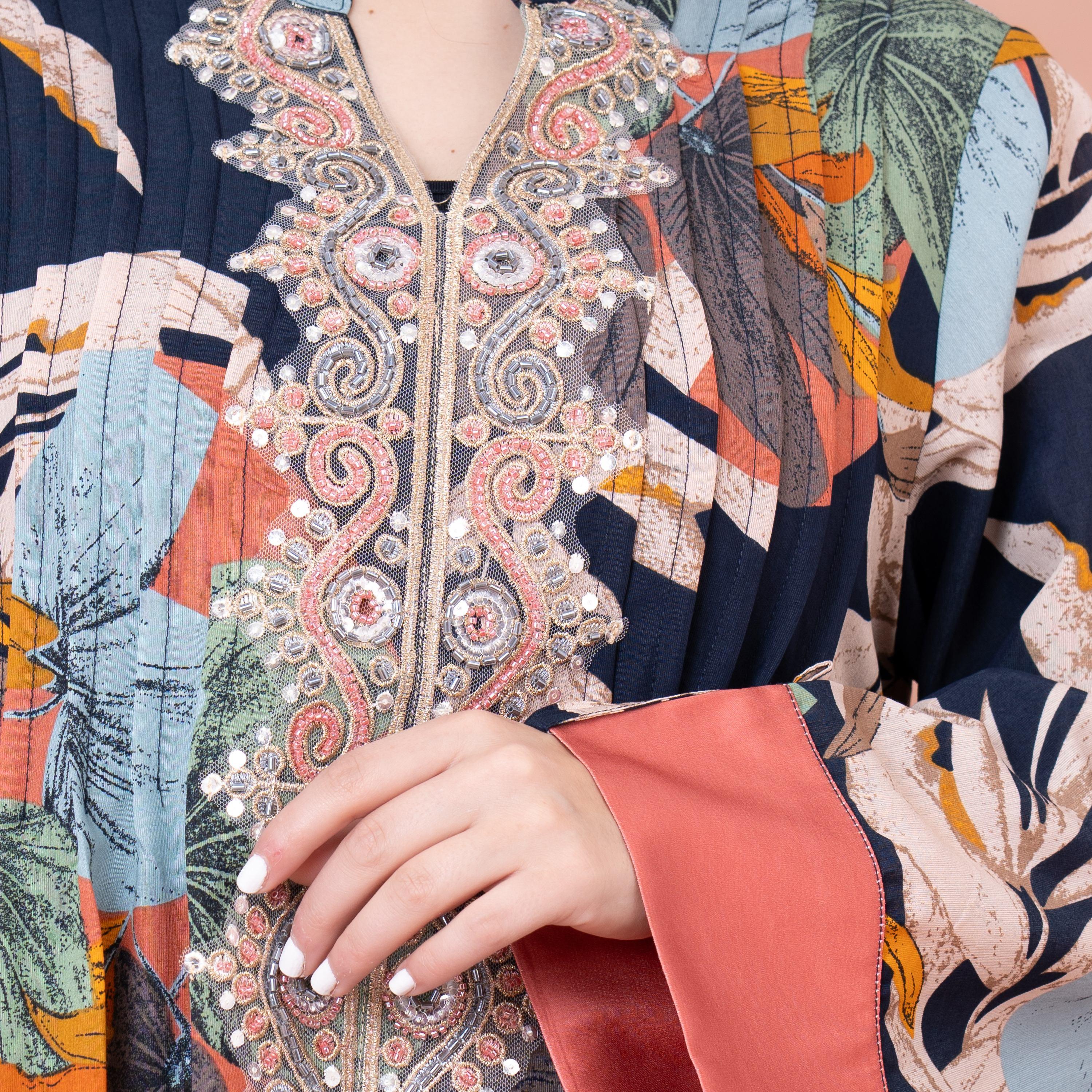 IKKXA Mandarin Collar Leaf Print Beaded and Pleated Jalabiya-women-arabicclothing-jalabiyas-image-2