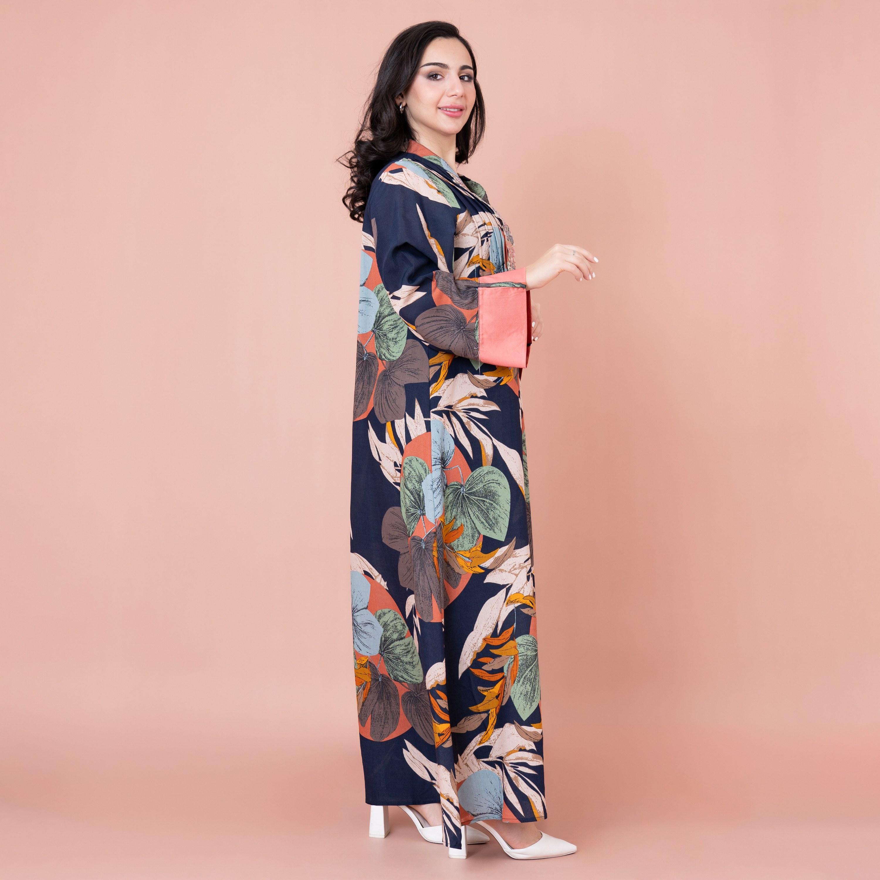 IKKXA Mandarin Collar Leaf Print Beaded and Pleated Jalabiya-women-arabicclothing-jalabiyas-image-3