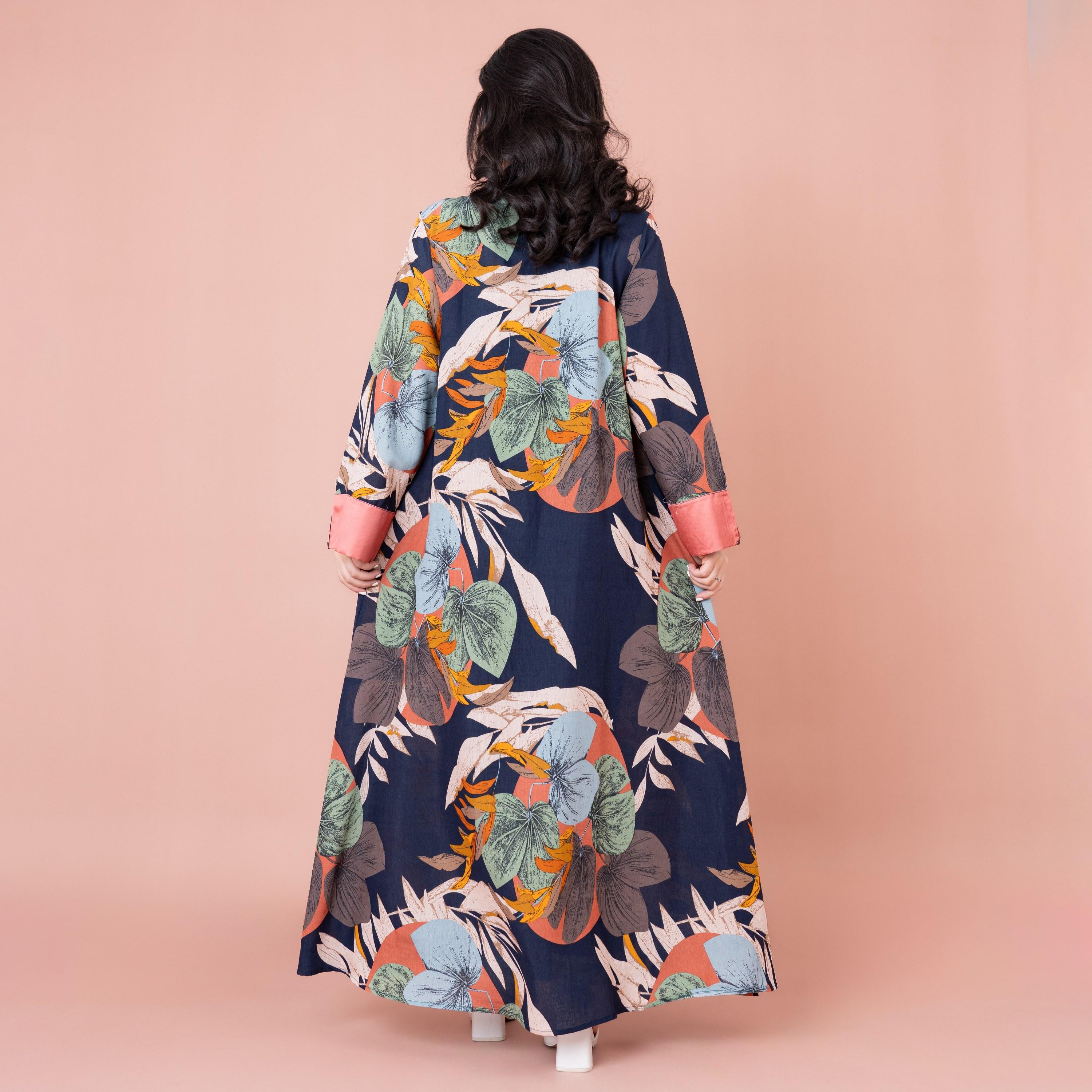 IKKXA Mandarin Collar Leaf Print Beaded and Pleated Jalabiya-women-arabicclothing-jalabiyas-image-4