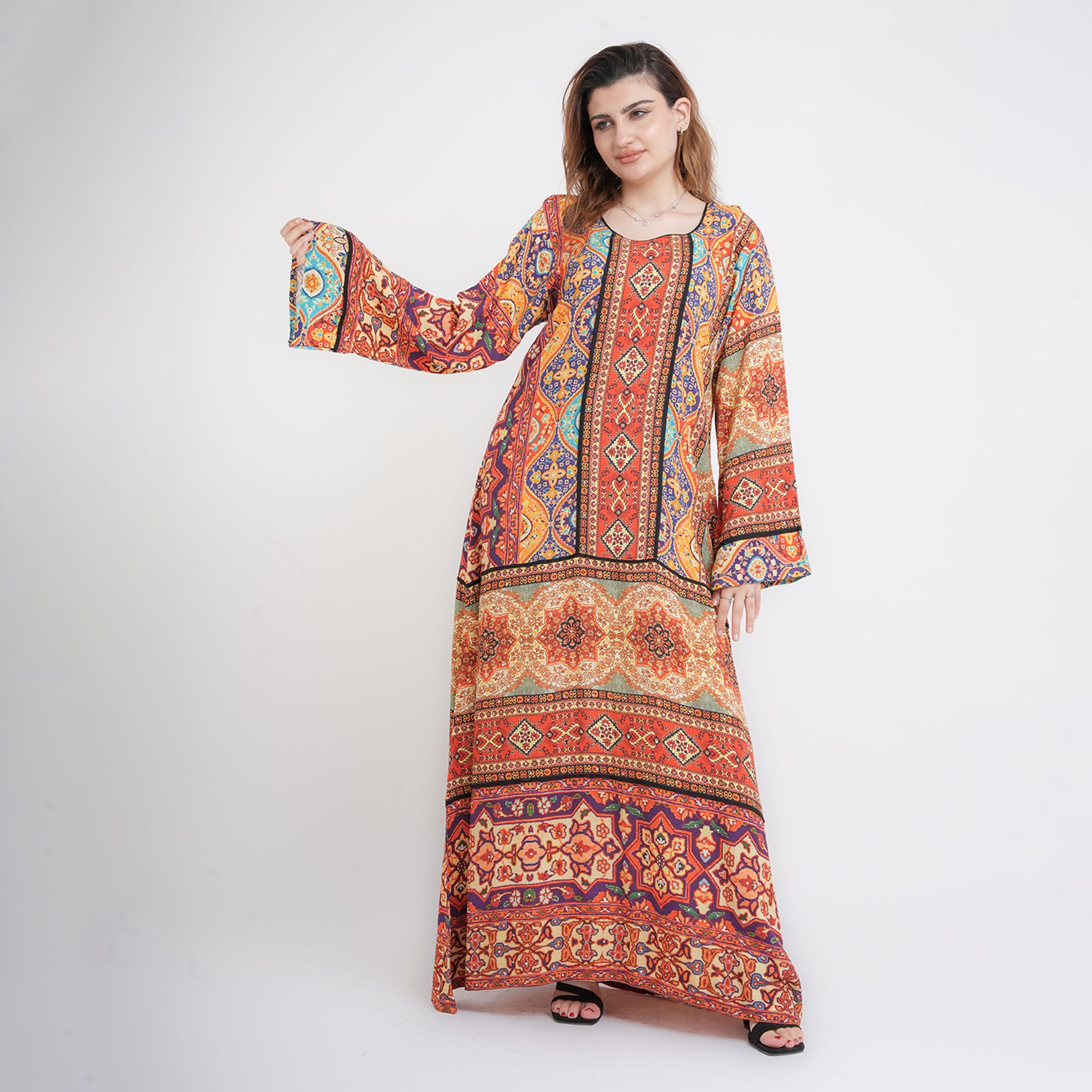 IKKXA Multicolour Ethnic Geometric Print Flared Sleeves Women's Jalabiya-women-arabicclothing-jalabiyas-image-1