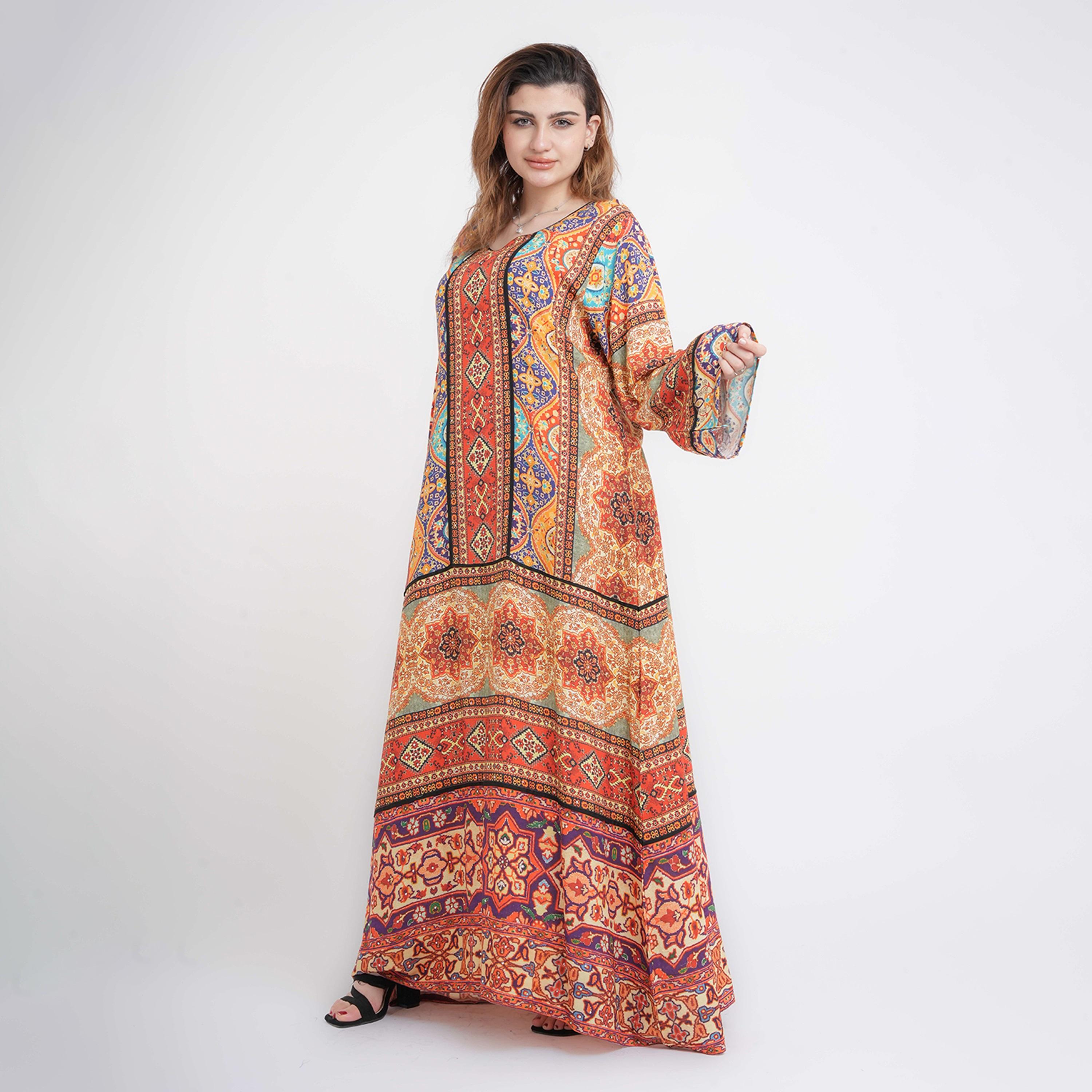 IKKXA Multicolour Ethnic Geometric Print Flared Sleeves Women's Jalabiya-women-arabicclothing-jalabiyas-image-3