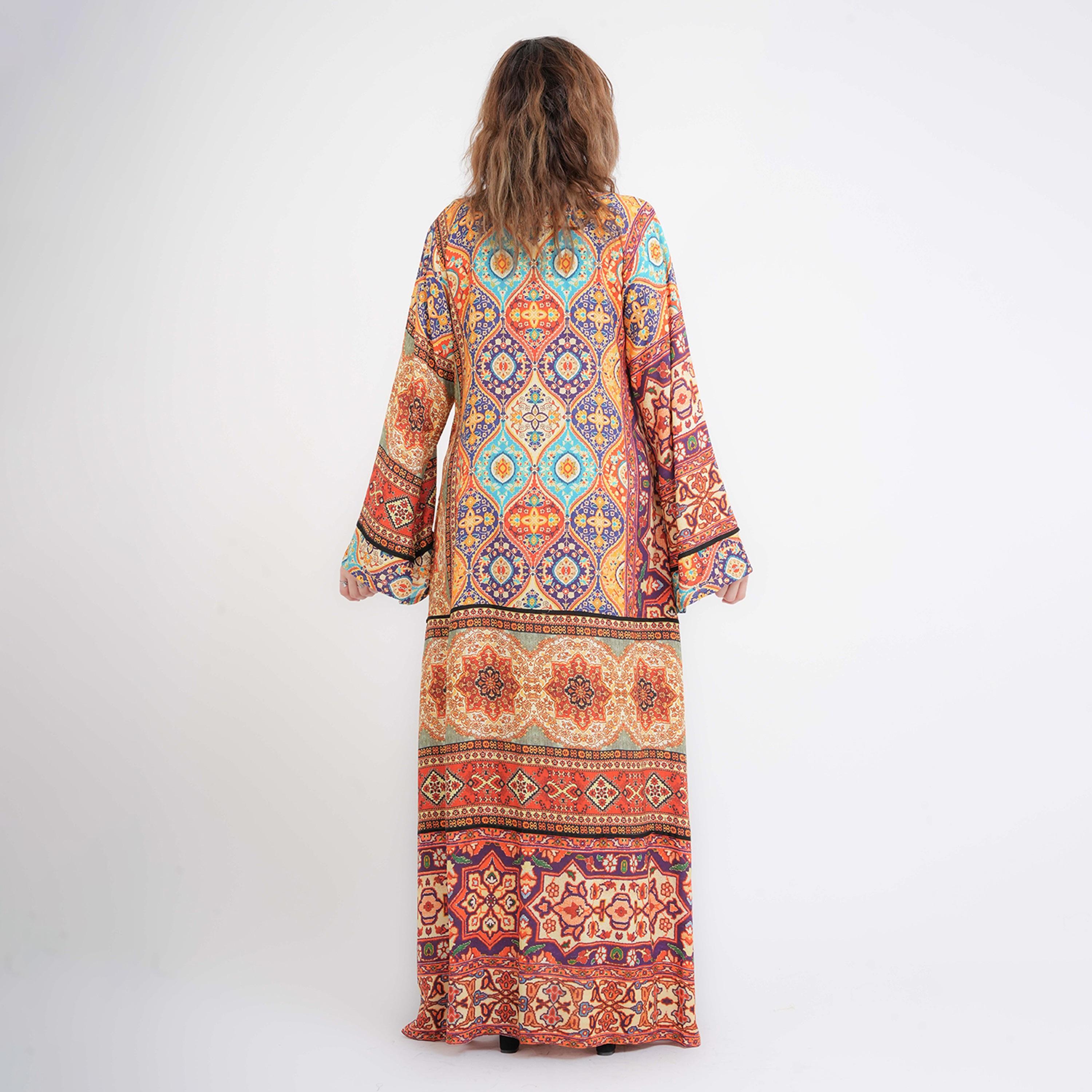 IKKXA Multicolour Ethnic Geometric Print Flared Sleeves Women's Jalabiya-women-arabicclothing-jalabiyas-image-4