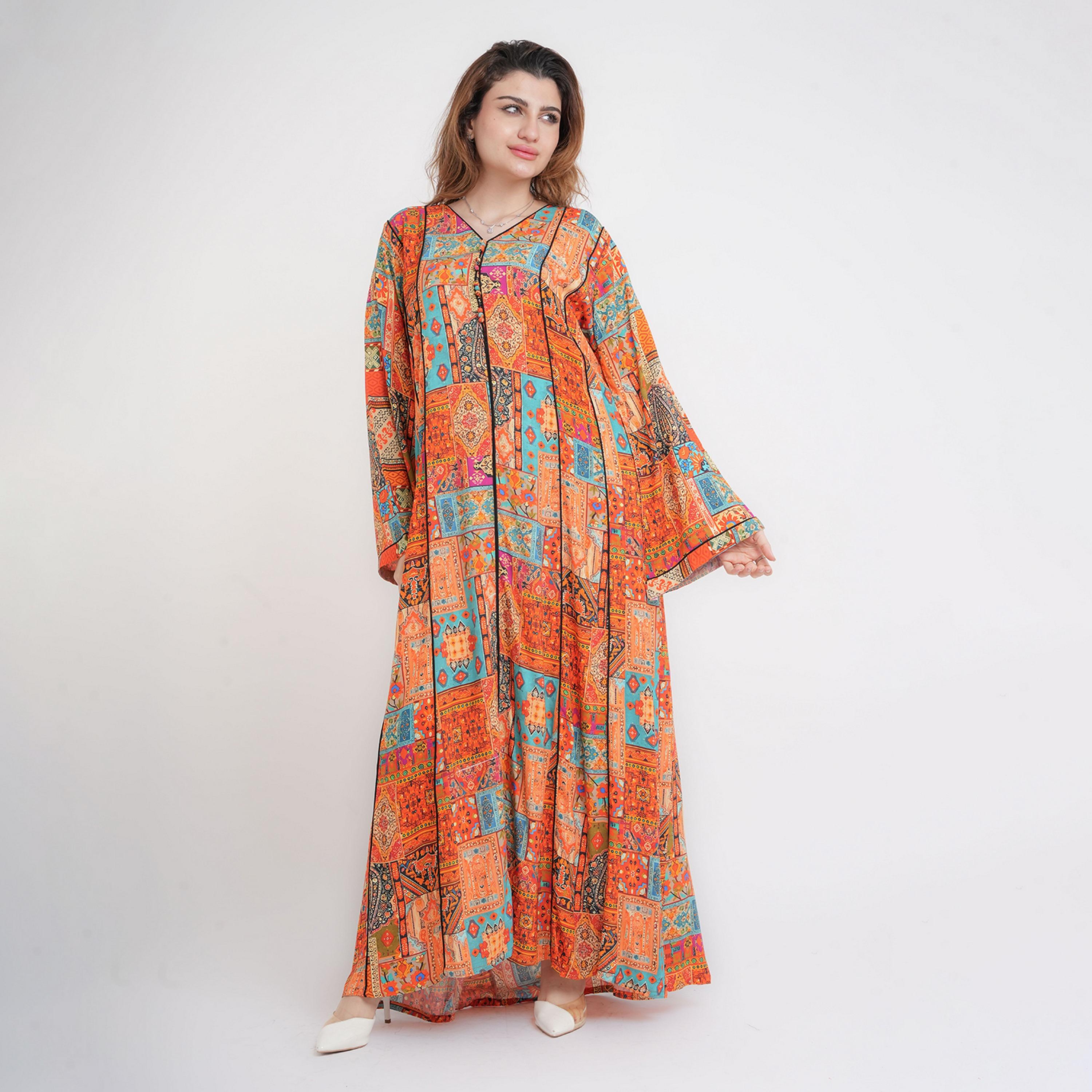جلابية نسائية بأكمام واسعة وطبعة هندسية عرقية متعددة الألوان من إككسا-women-arabicclothing-jalabiyas-image-1