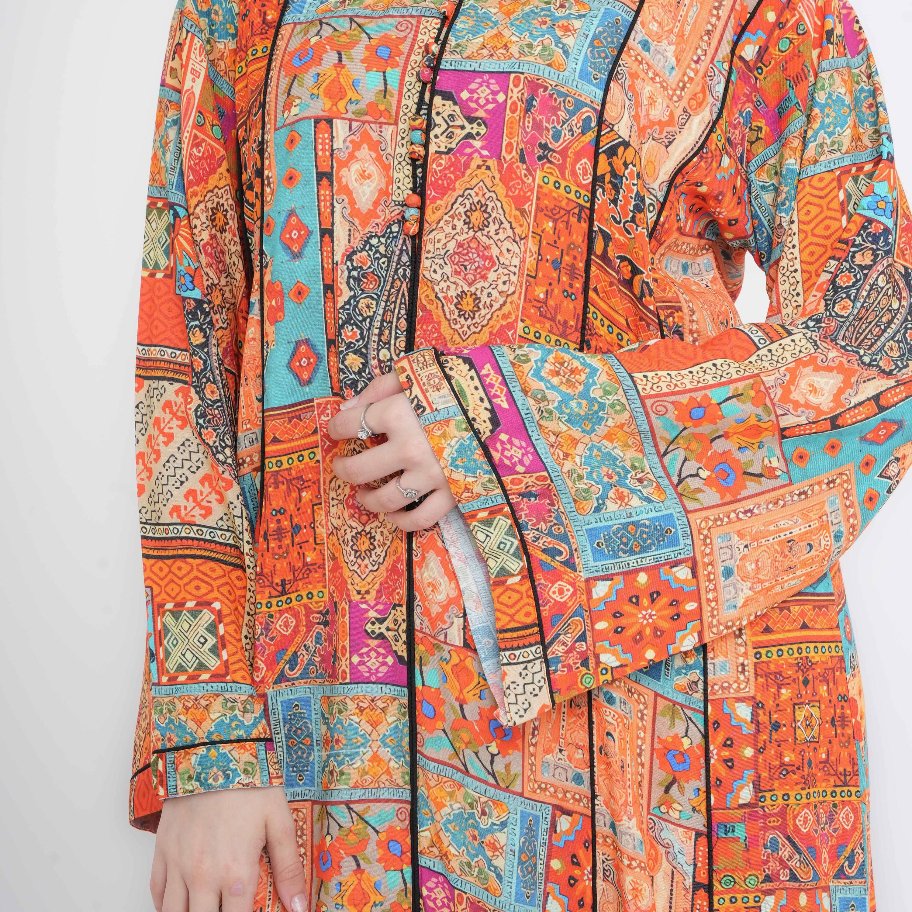 IKKXA Multicolour Ethnic Geometric Print Flared Sleeves Women's Jalabiya-women-arabicclothing-jalabiyas-image-2