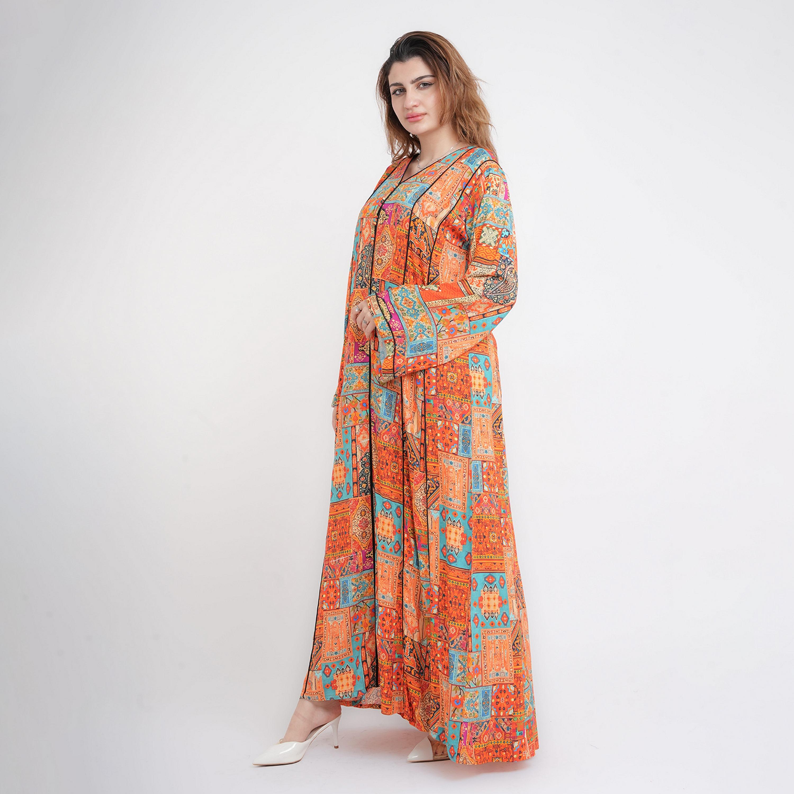 IKKXA Multicolour Ethnic Geometric Print Flared Sleeves Women's Jalabiya-women-arabicclothing-jalabiyas-image-3