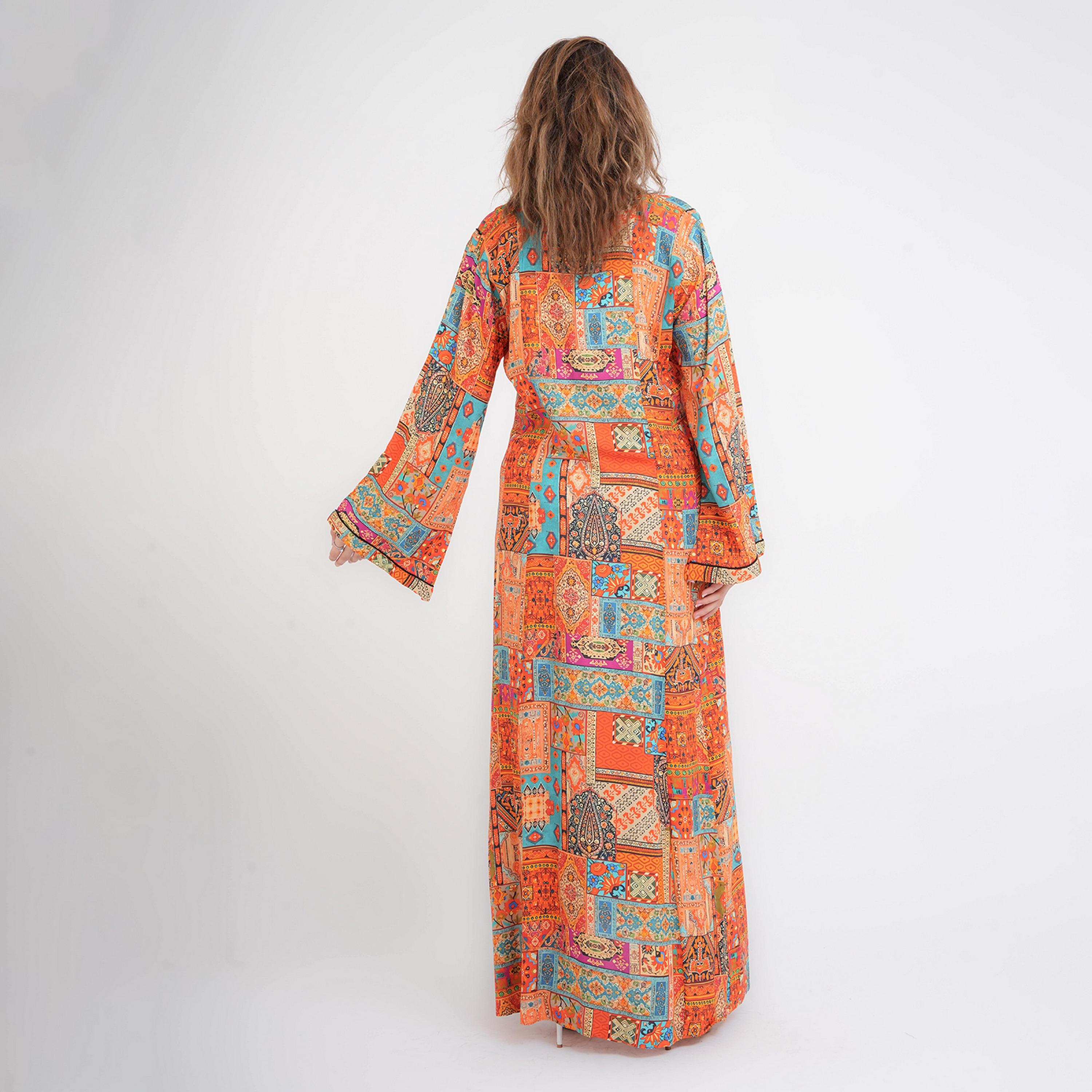 IKKXA Multicolour Ethnic Geometric Print Flared Sleeves Women's Jalabiya-women-arabicclothing-jalabiyas-image-4