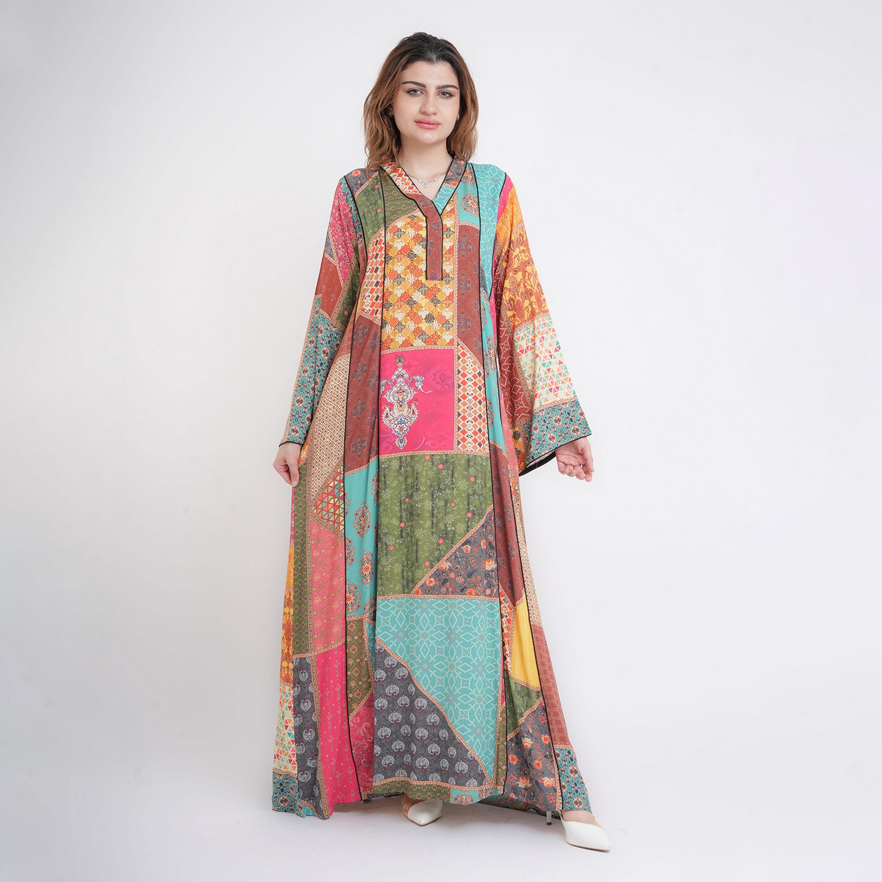 IKKXA Multicolour Ethnic Geometric Print Flared Sleeves Women's Jalabiya-women-arabicclothing-jalabiyas-image-1