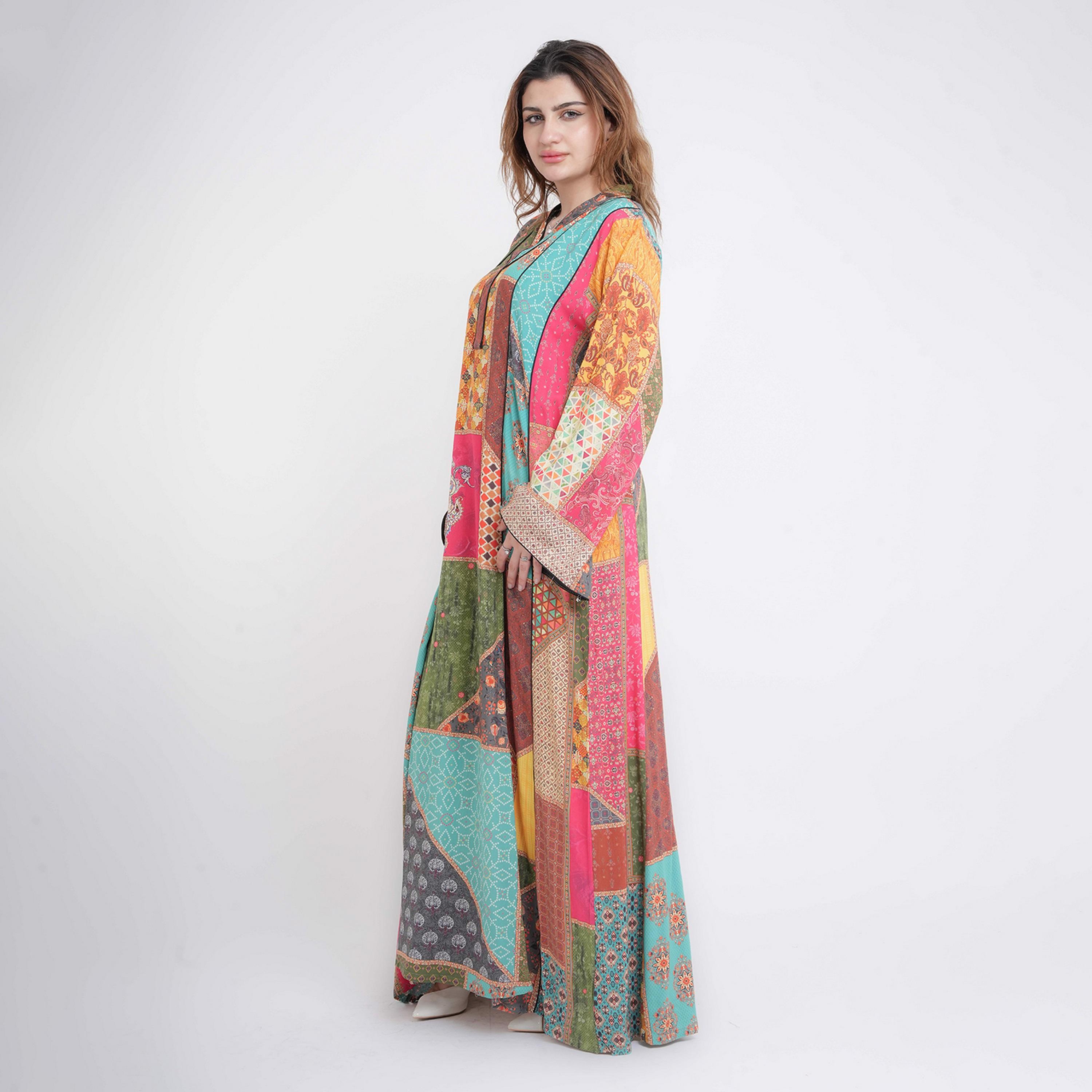 IKKXA Multicolour Ethnic Geometric Print Flared Sleeves Women's Jalabiya-women-arabicclothing-jalabiyas-image-3