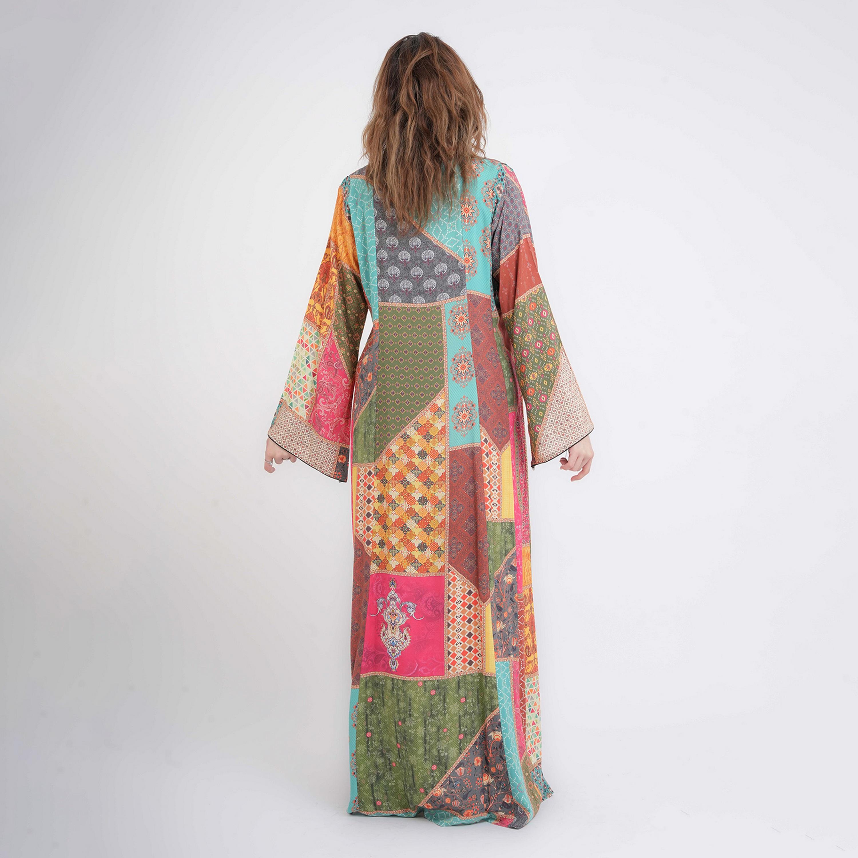 IKKXA Multicolour Ethnic Geometric Print Flared Sleeves Women's Jalabiya-women-arabicclothing-jalabiyas-image-4