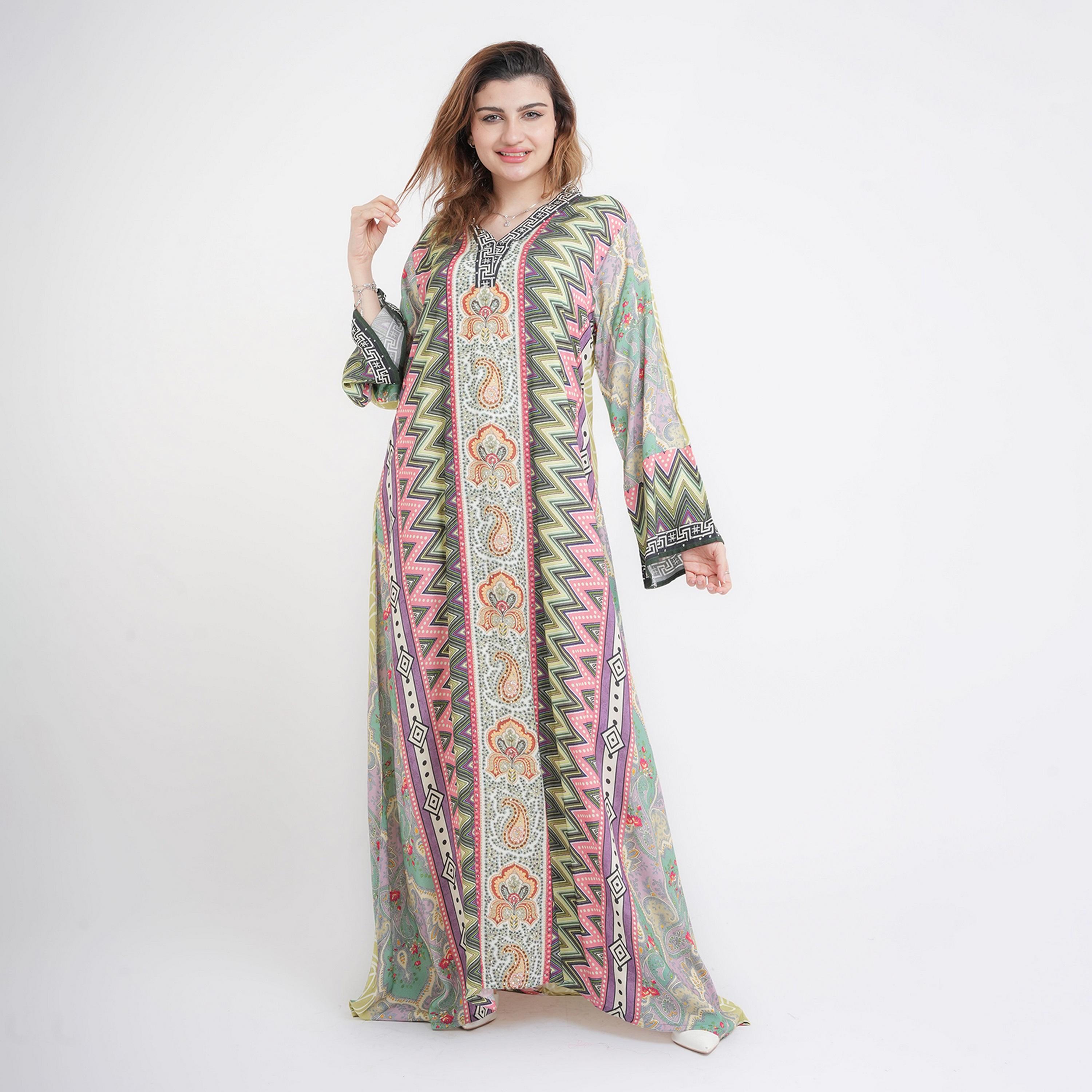IKKXA Green Chevron Print Flared Sleeves Women's Jalabiya-women-arabicclothing-jalabiyas-image-1