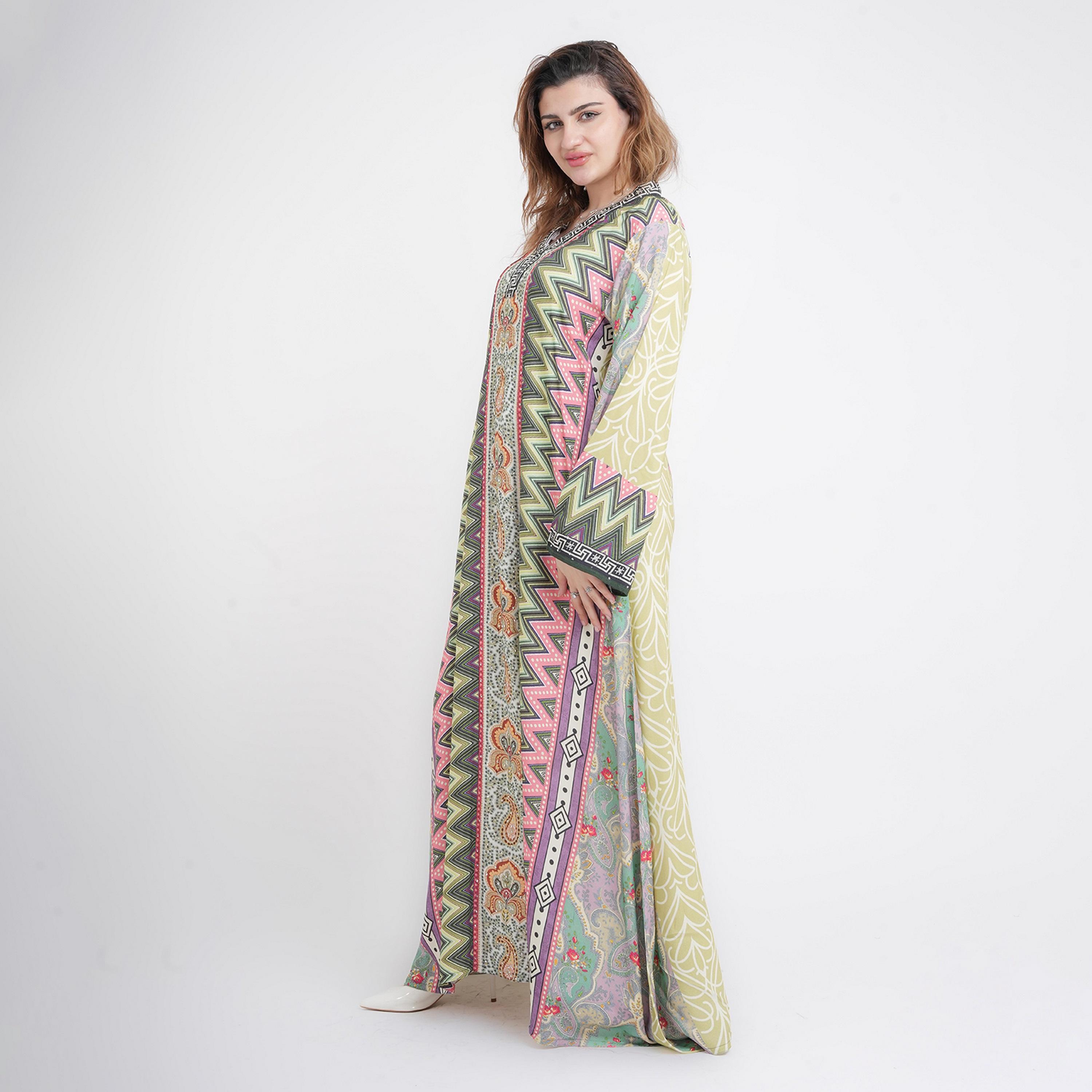 IKKXA Green Chevron Print Flared Sleeves Women's Jalabiya-women-arabicclothing-jalabiyas-image-2