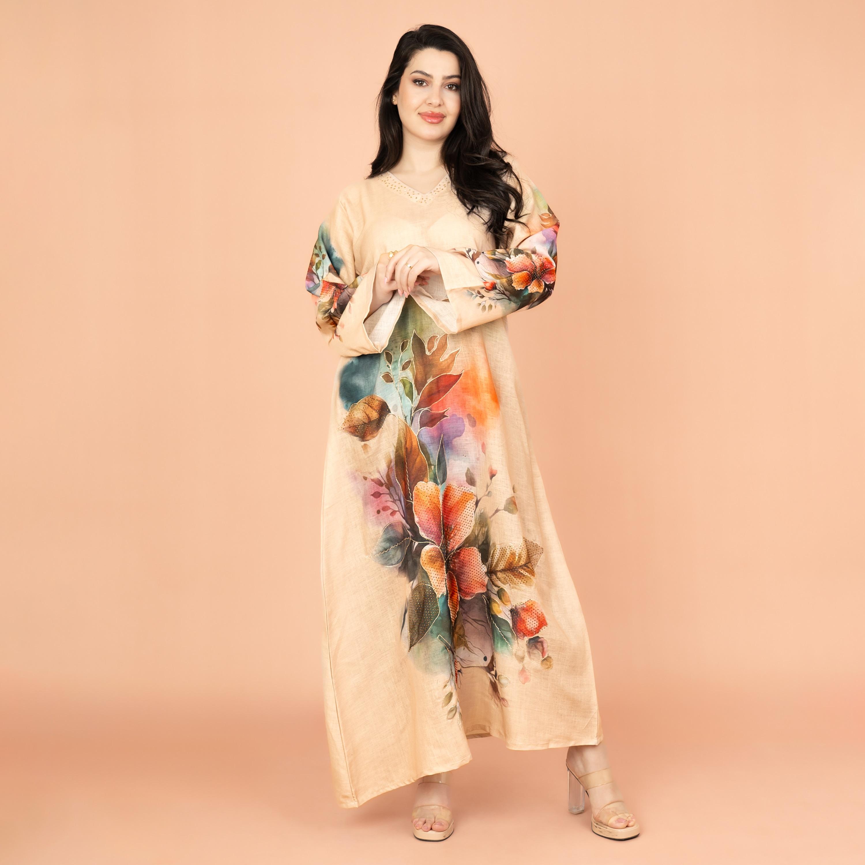 IKKXA Graceful Floral Highlight Print Beaded Neck Flared Sleeves Women's Jalabiya-women-arabicclothing-jalabiyas-image-1