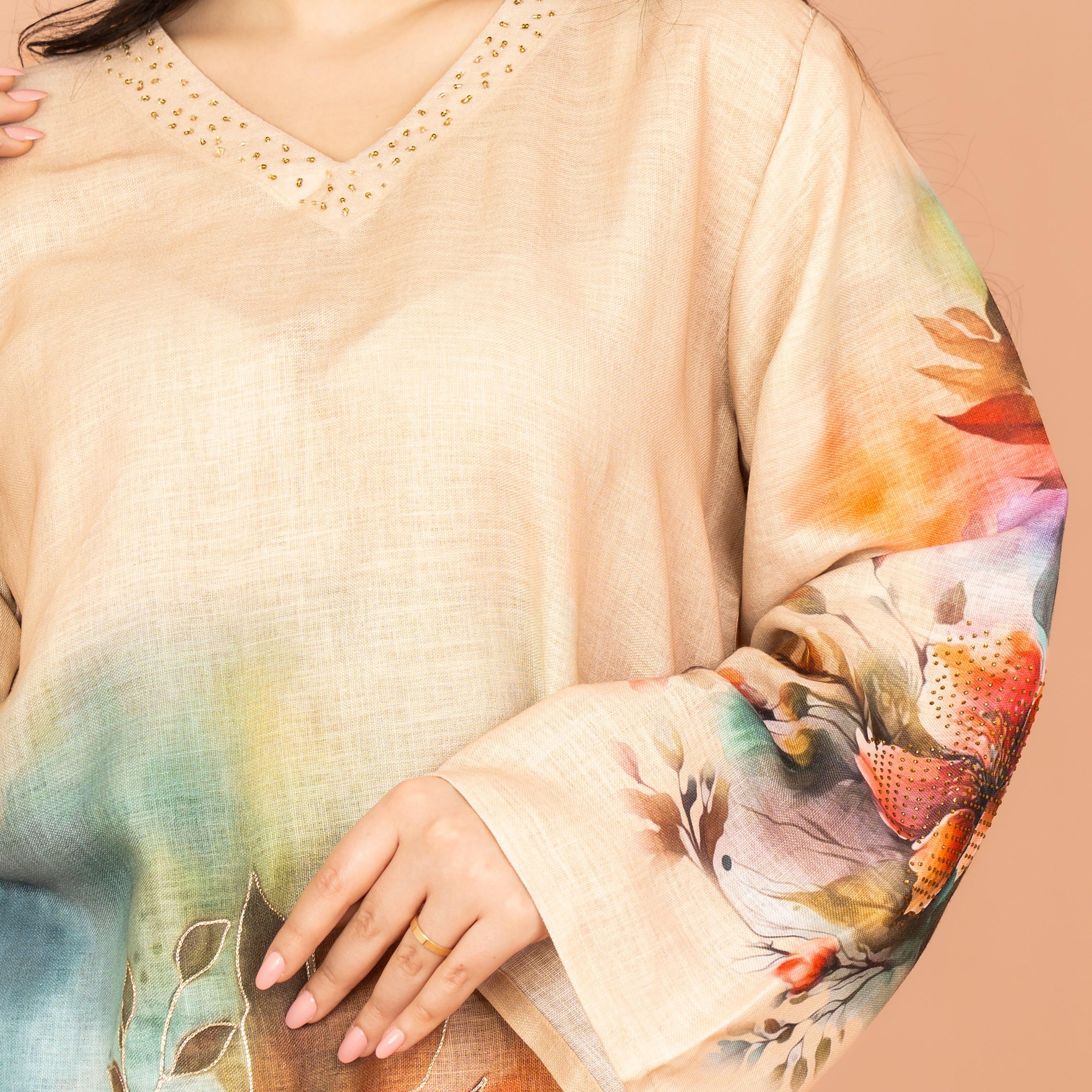 IKKXA Graceful Floral Highlight Print Beaded Neck Flared Sleeves Women's Jalabiya-women-arabicclothing-jalabiyas-image-2