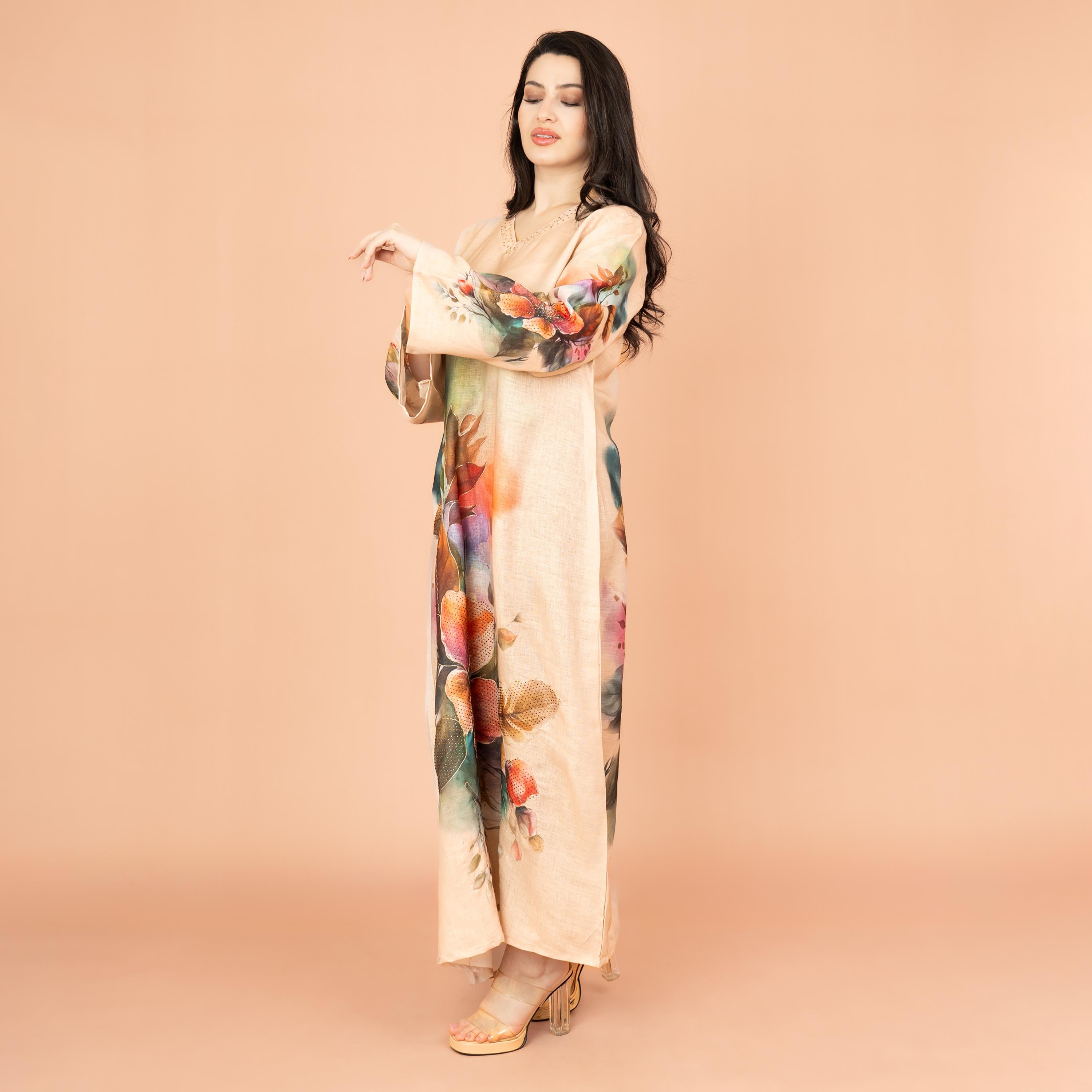 IKKXA Graceful Floral Highlight Print Beaded Neck Flared Sleeves Women's Jalabiya-women-arabicclothing-jalabiyas-image-3