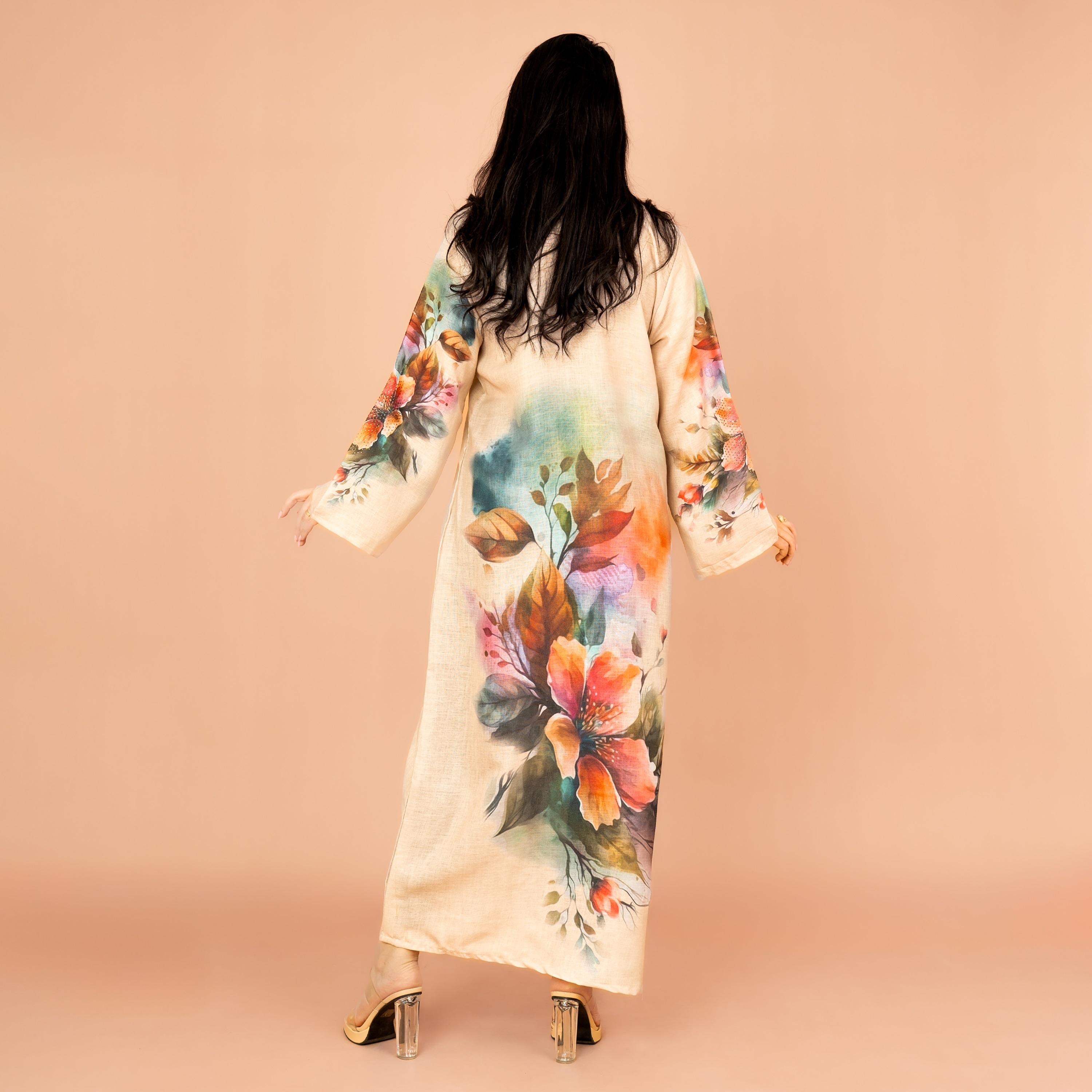 IKKXA Graceful Floral Highlight Print Beaded Neck Flared Sleeves Women's Jalabiya-women-arabicclothing-jalabiyas-image-4