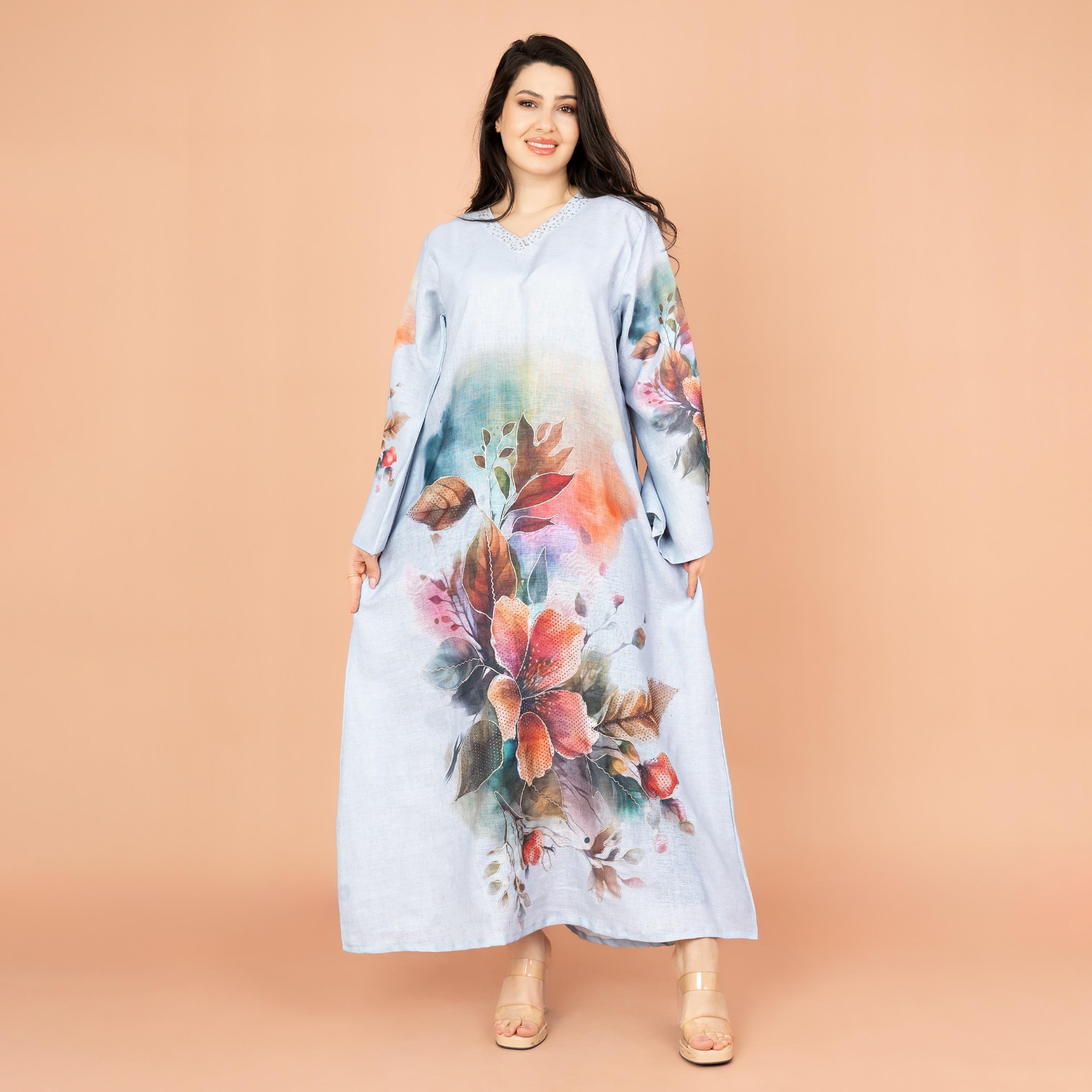 IKKXA Graceful Floral Highlight Print Beaded Neck Flared Sleeves Women's Jalabiya-women-arabicclothing-jalabiyas-image-1